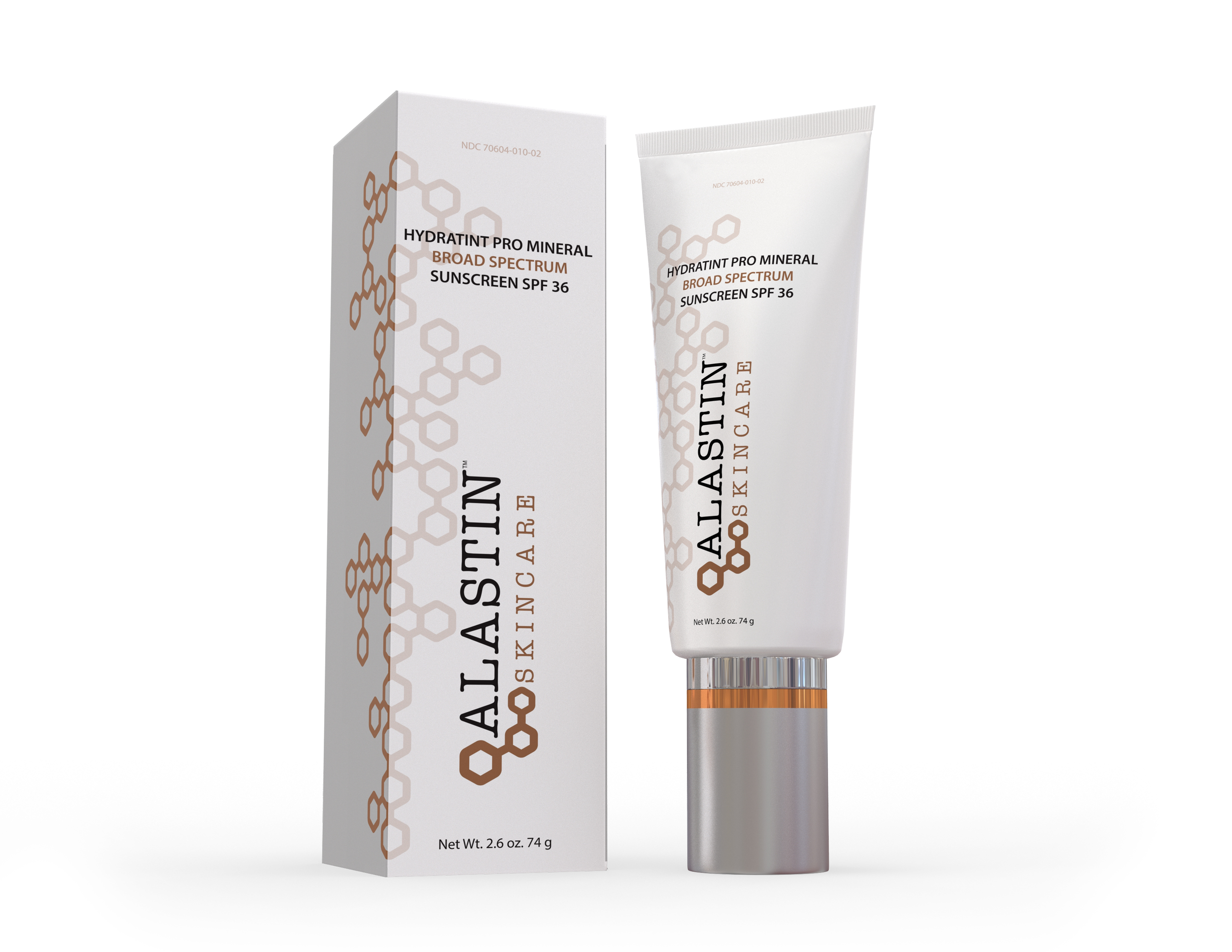 A tube of Alastin Skin Care Hydratint Pro Mineral Broad Spectrum Sunscreen SPF 36 beside its box, both featuring a honeycomb pattern design.
