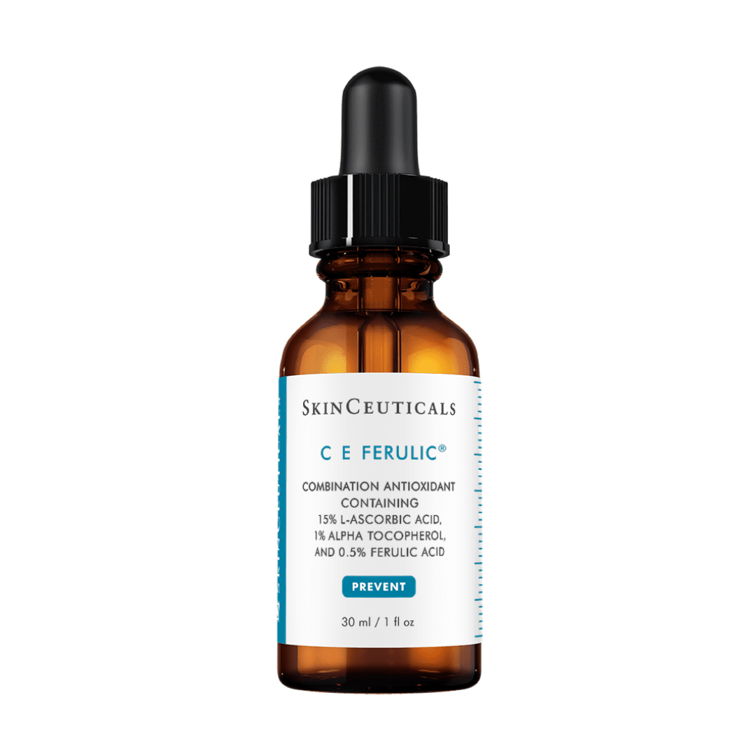 A brown glass bottle with a black dropper cap labeled 'SkinCeuticals C E Ferulic', containing a combination antioxidant solution with ingredients listed on the label.