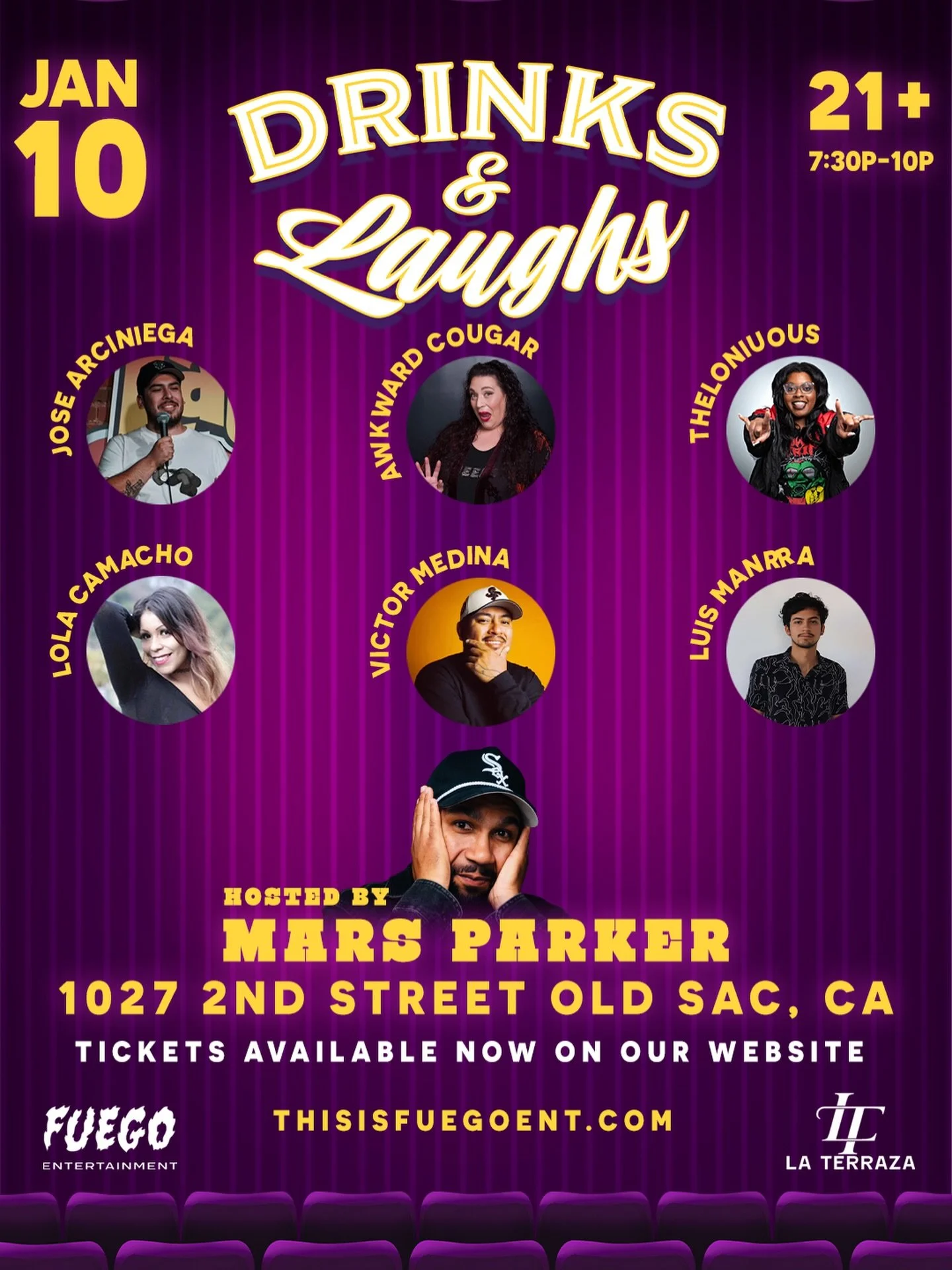 Drinks, laughs, and a stacked comedy lineup 🍸
Join us Jan 10 at La Terraza for Drinks &amp; Laughs.
21+ | 7:30&ndash;10PM
🎟 Tickets available now at thisisfuegoent.com