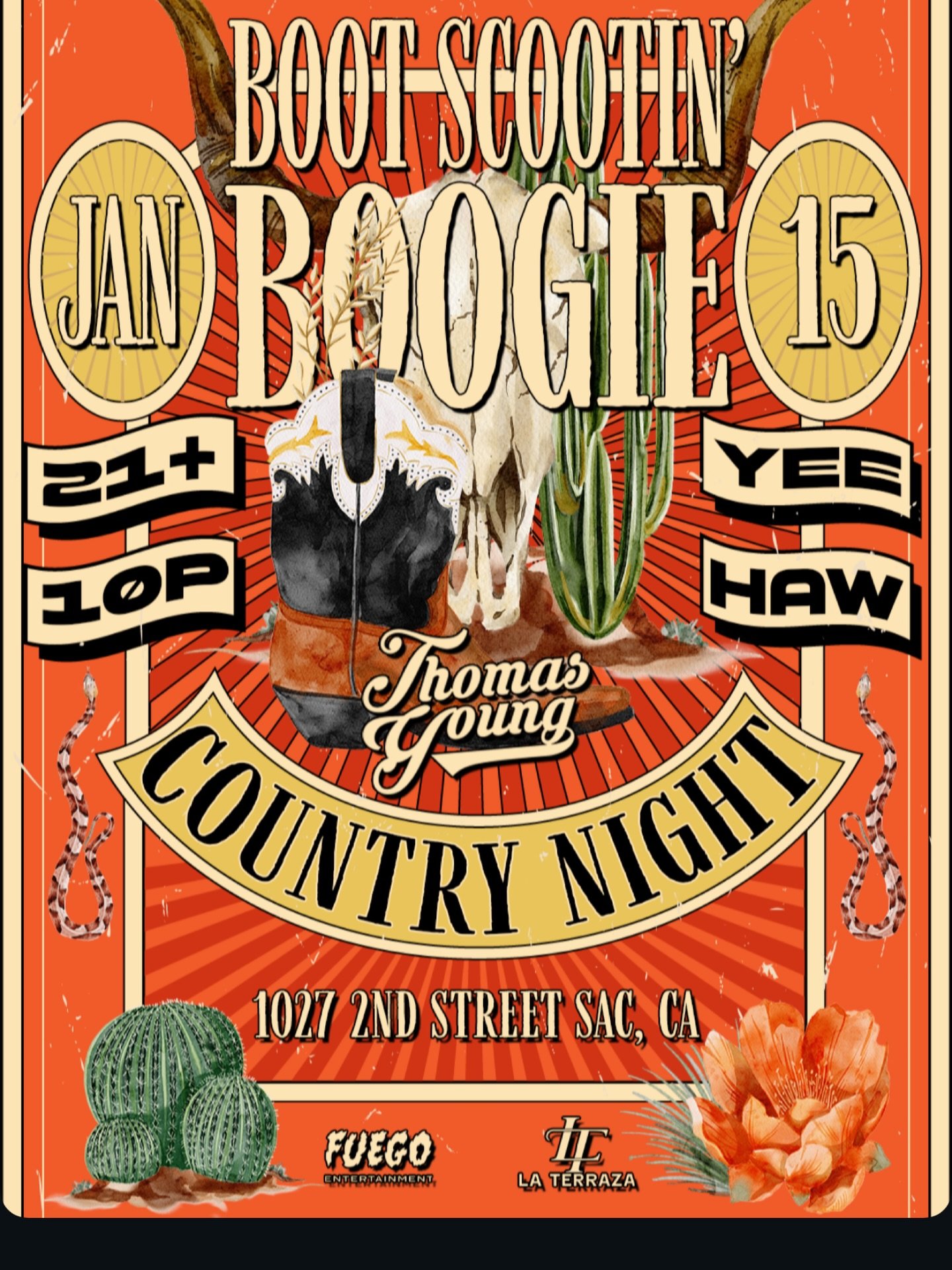 🤠 BOOT SCOOTIN&rsquo; BOOGIE 🤠
Country Night with Tromas Young
📅 Jan 15 | ⏰ 10PM | 21+
📍 1027 2nd St, Old Sac, CA