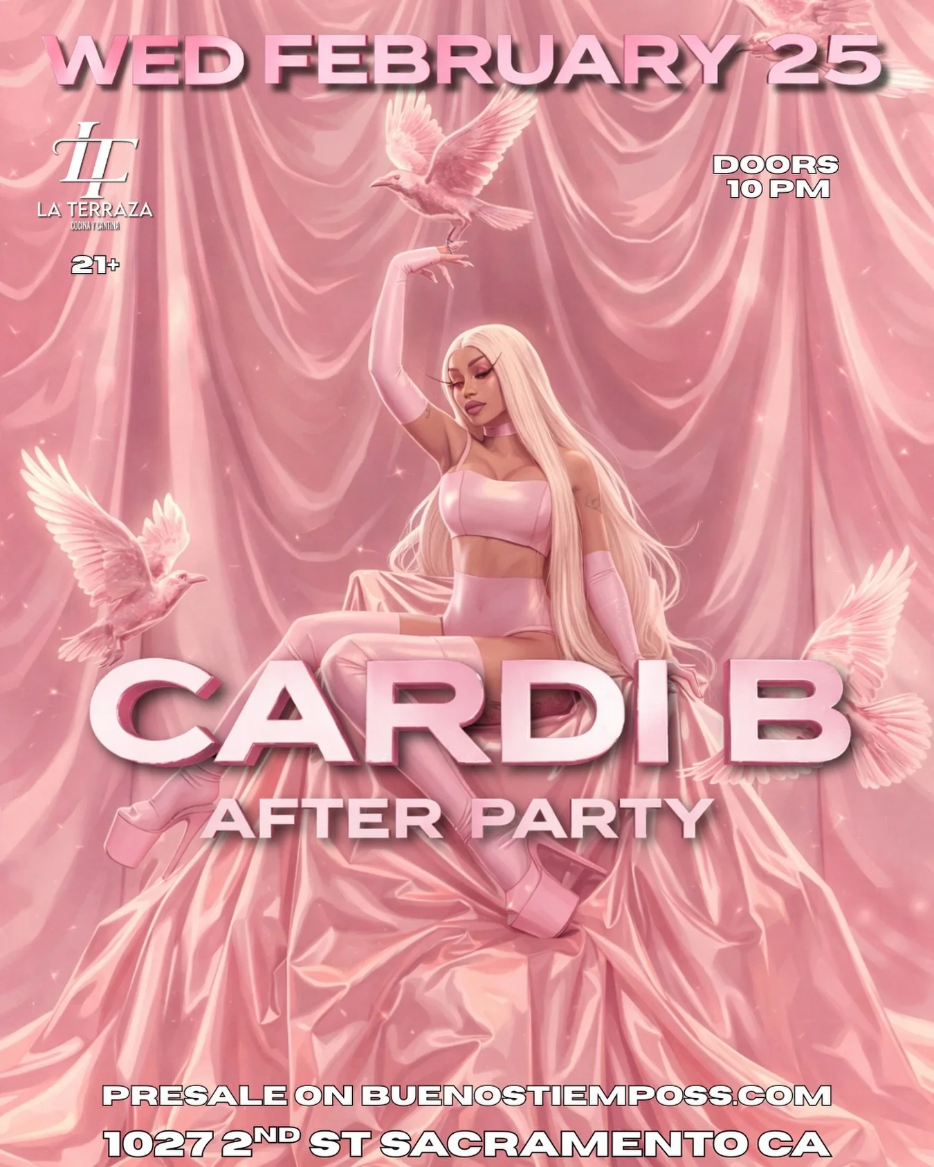 CARDI B AFTER PARTY 💕🔥

Wednesday, February 25
La Terraza | 21+
Doors open at 10PM

Sacramento we&rsquo;re going UP all night 💎
Don&rsquo;t miss the after party vibe.

🎟️ Presale on Buenostiemposs.com
📍 1027 2nd St, Sacramento CA