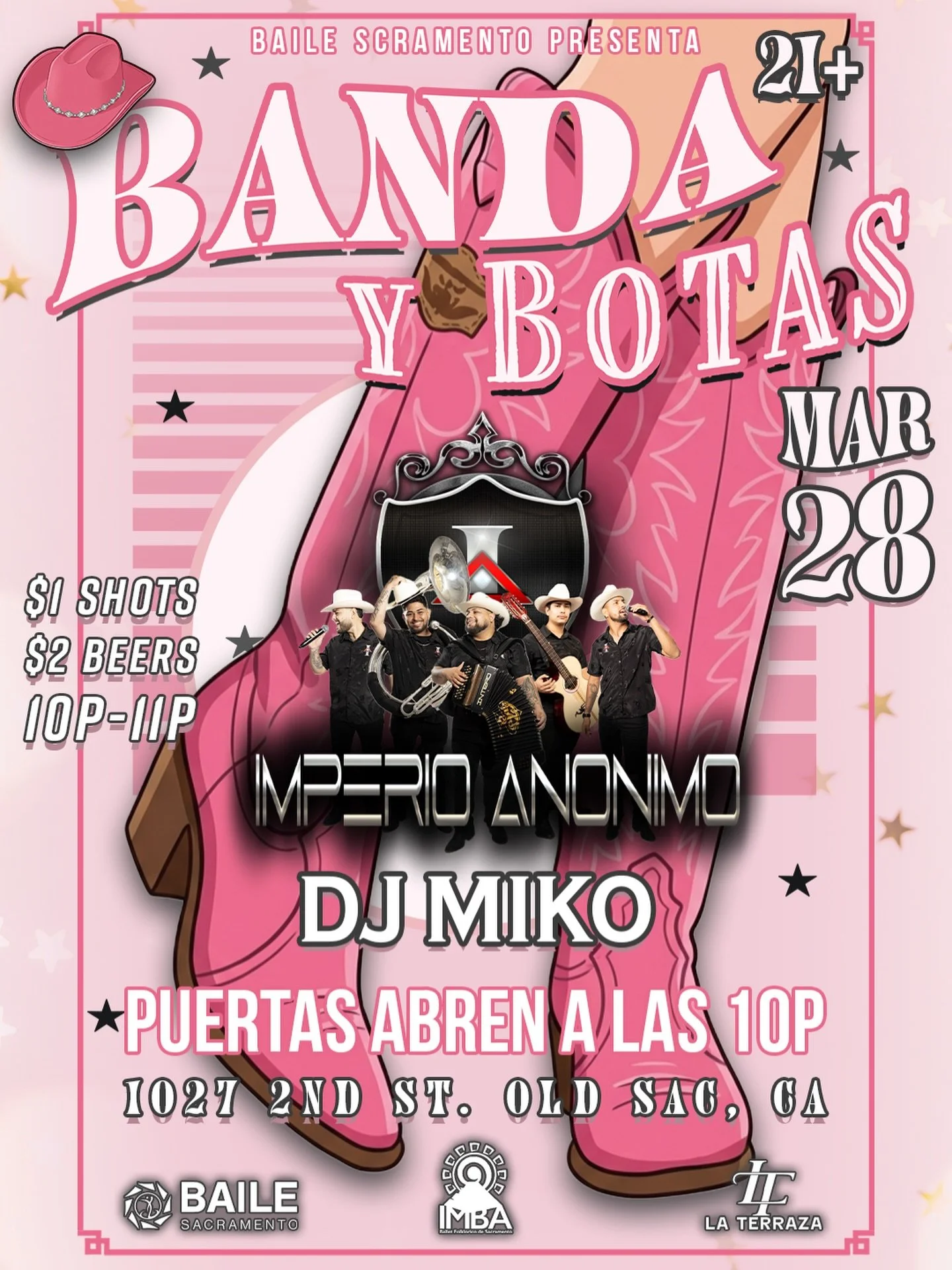 🤠💗 BANDA Y BOTAS llega a Old Sac!

Este Marzo 28 se prende la noche con Imperio An&oacute;nimo en vivo y sets de DJ Miko 🔥

🍻 $2 cervezas
🥃 $1 shots
⏰ 10PM&ndash;11PM

📍 1027 2nd St, Old Sacramento
🔞 21+

Saca las botas, junta a tu crew y nos 