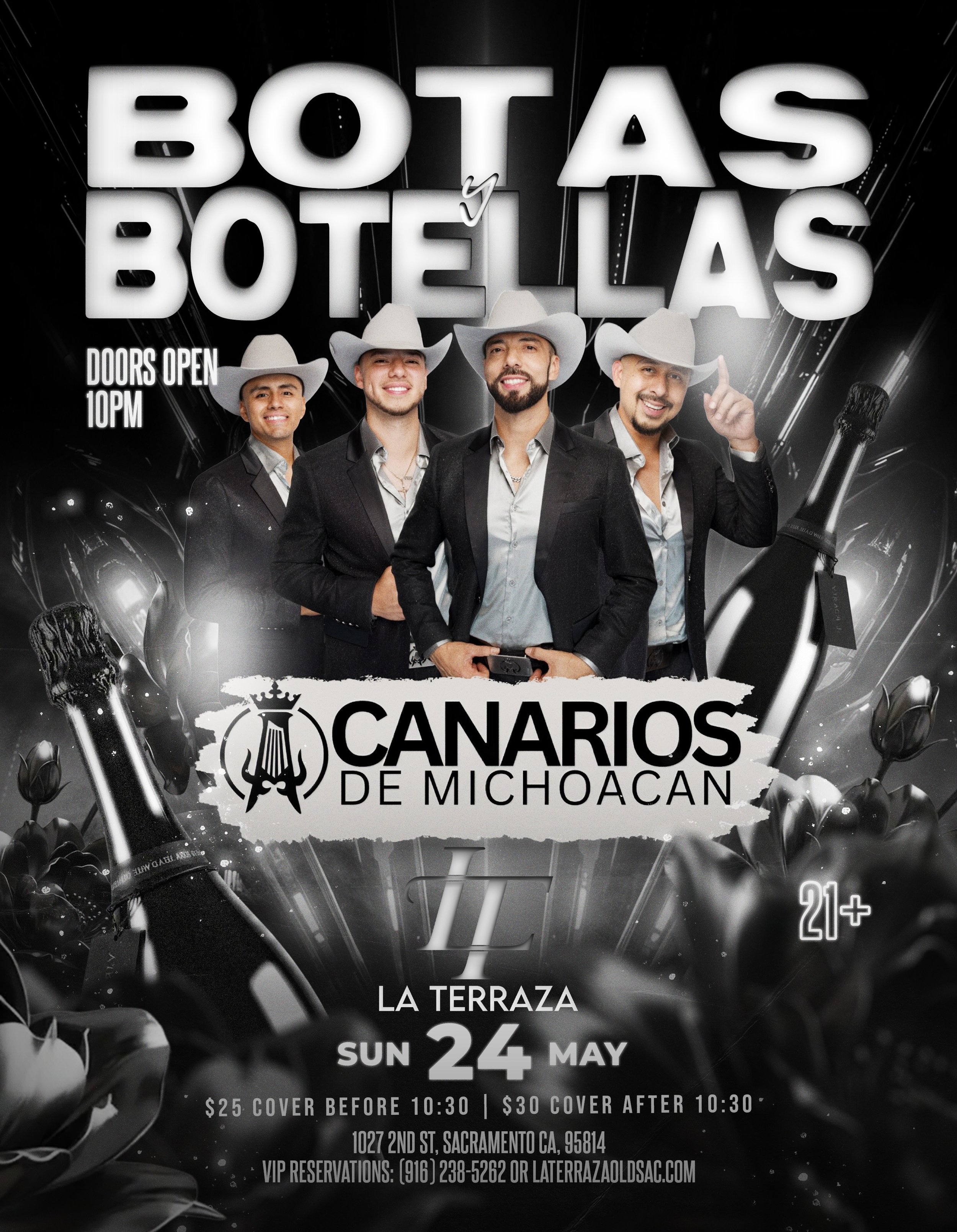 Botas y botellas this Sunday at La Terraza 🤠🍾
Canarios de Michoac&aacute;n LIVE May 24th 🎶🔥

⏰ Doors open at 10PM
📍1027 2nd St Sacramento, CA
🔞 21+

Reserve your VIP tables now 👀