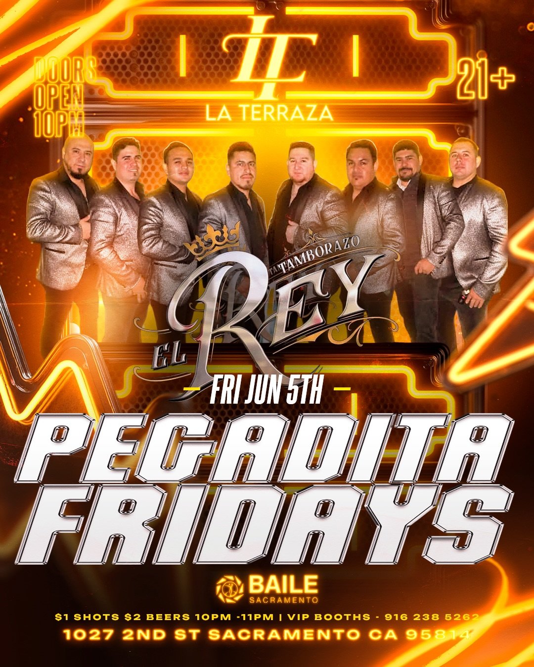 🔥 PEGADITA FRIDAYS IS BACK 🔥

This Friday, June 5th, we&rsquo;re bringing the vibes with Tamborazo El Rey at Baile Sacramento! 🎺👑

🍺 $2 Beers
🥃 $1 Shots
⏰ 10PM&ndash;11PM
🎟️ VIP Booths Available

Grab your crew and get ready for a night of pur