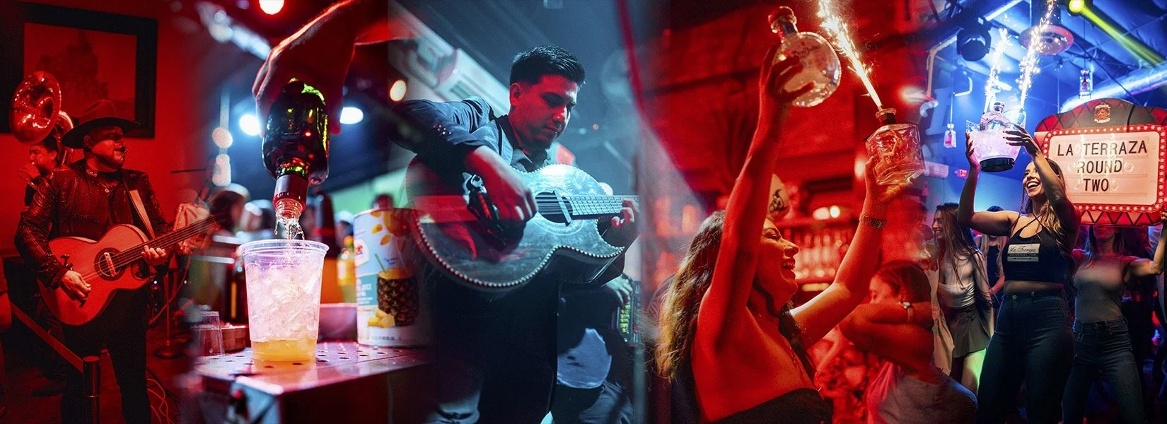 People dancing and enjoying live music at a lively nightclub with colorful lighting, with drinks and a dance floor for a night to remember.