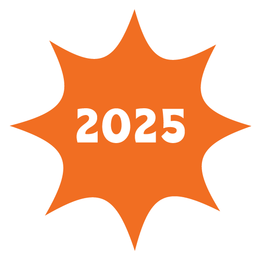 Orange starburst graphic with the year '2025' in white bold text in the center.