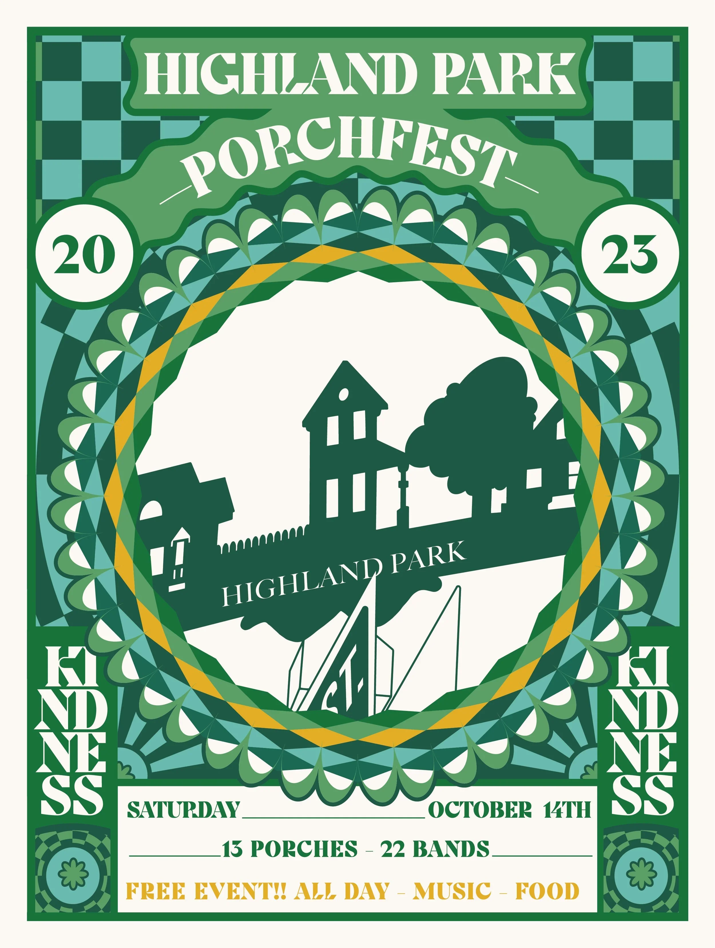 Old poster for Highland Park Porchfest with a green and white decorative border and silhouettes of houses, trees, and a boat, promoting a free outdoor music event on October 14, 2023.