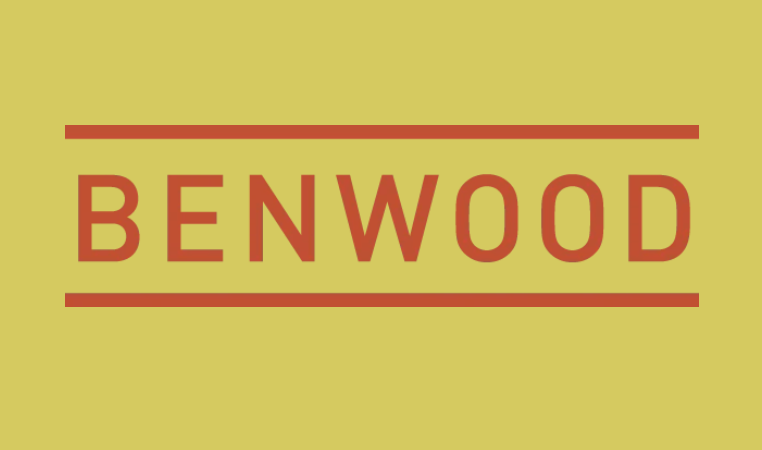Benwood logo with red text on a yellow background, with red lines above and below the text.