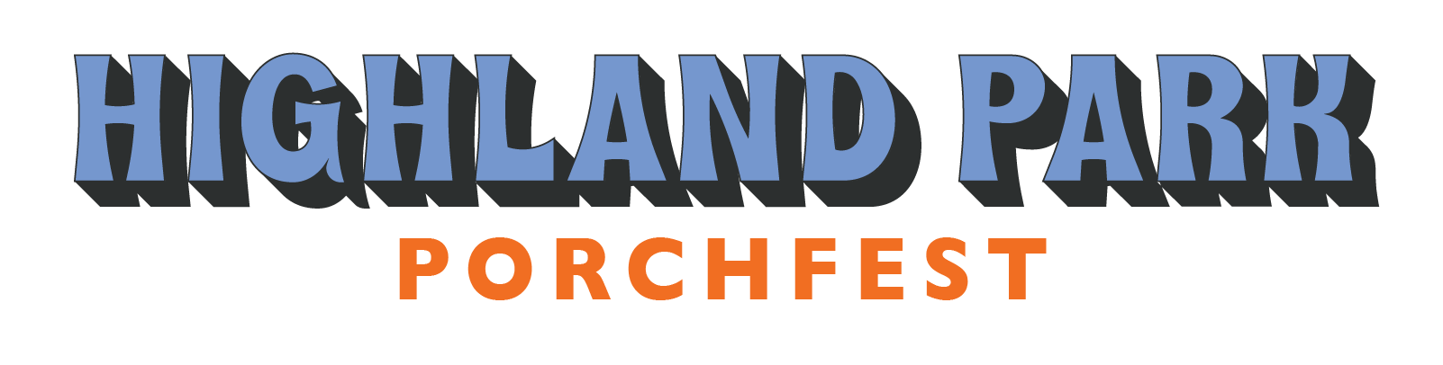 Logo for Highland Park Porchfest with bold stylized blue text and orange text underneath.