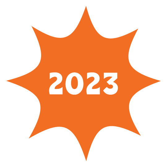 Orange starburst shape with '2023' written in white inside