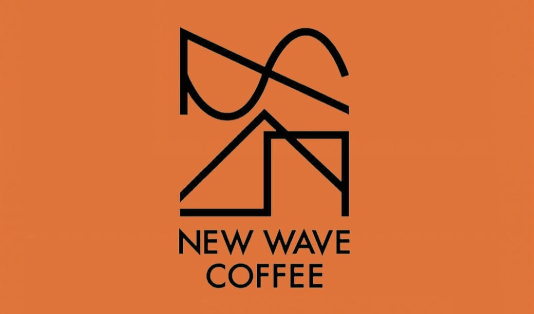 Logo of New Wave Coffee with a stylized black wave and geometric mountain design on an orange background.