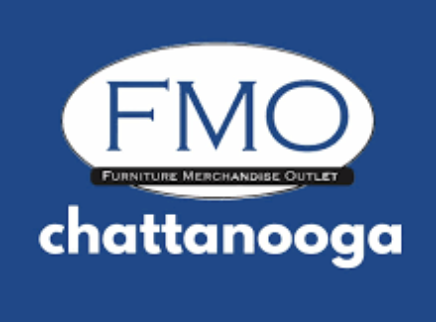 Logo for Furniture Merchandise Outlet Chattanooga with blue background, white oval, and blue text.