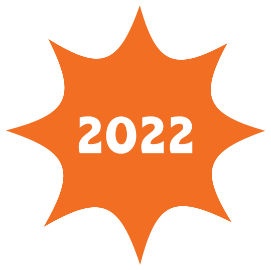 Orange starburst shape with the year '2022' in bold white text in the center.