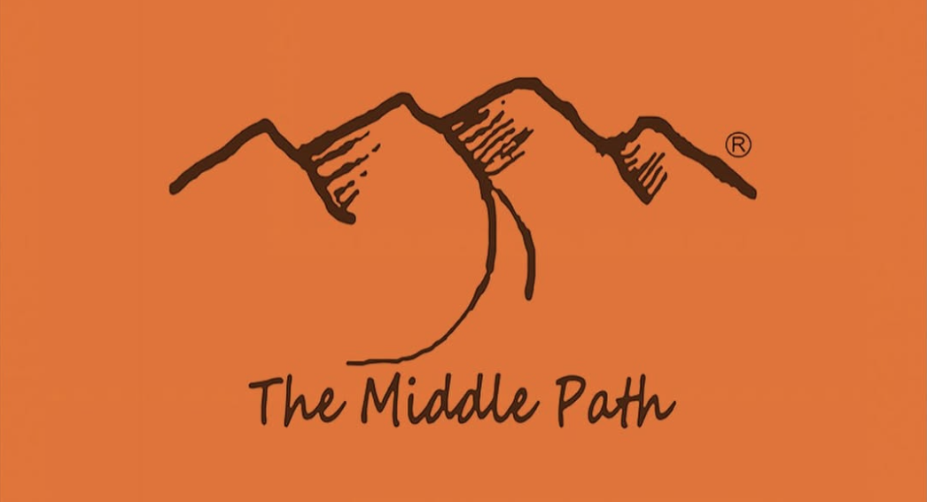 Illustration of three mountain peaks with a circle beneath, set against an orange background, and the text 'The Middle Path' below.