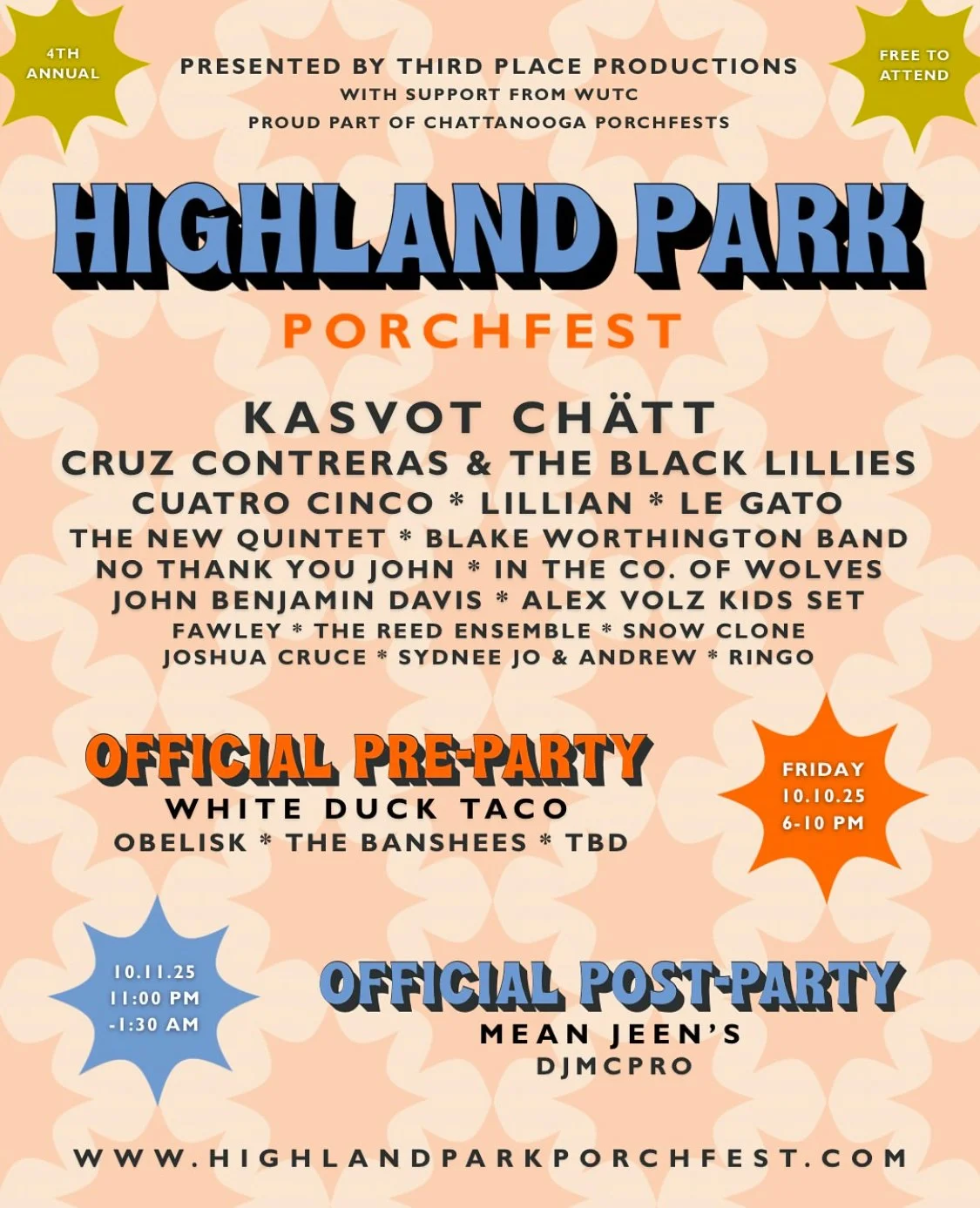 Flyer for the 2025 Highland Park Porchfest featuring musical acts, pre-party details, post-party details, and event timings.