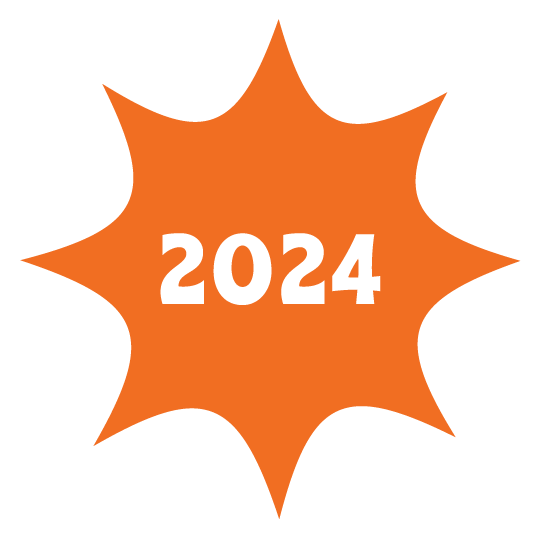 Orange starburst shape with white text '2024' in the center.
