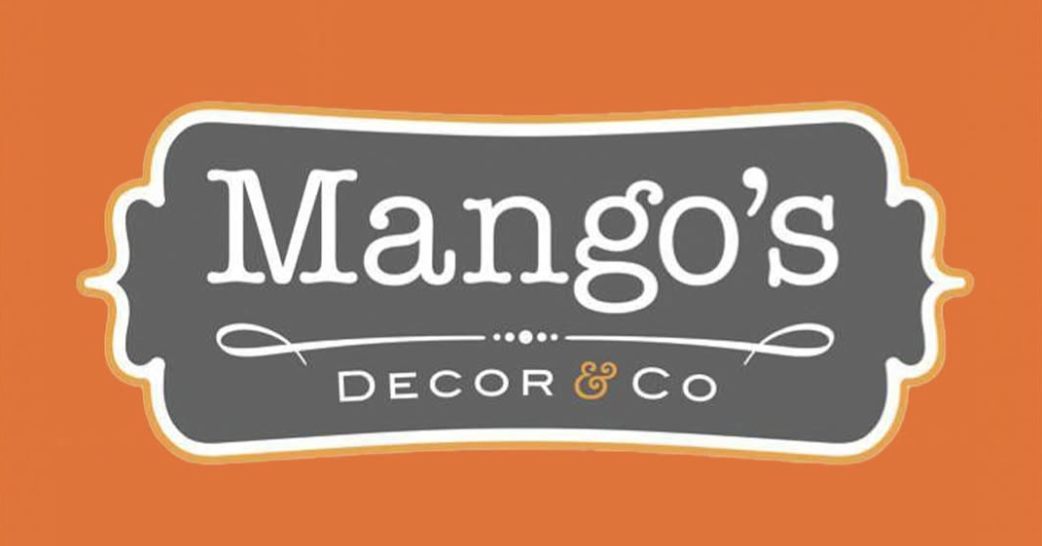 Logo for Mango's Decor & Co with orange background and gray and white text.