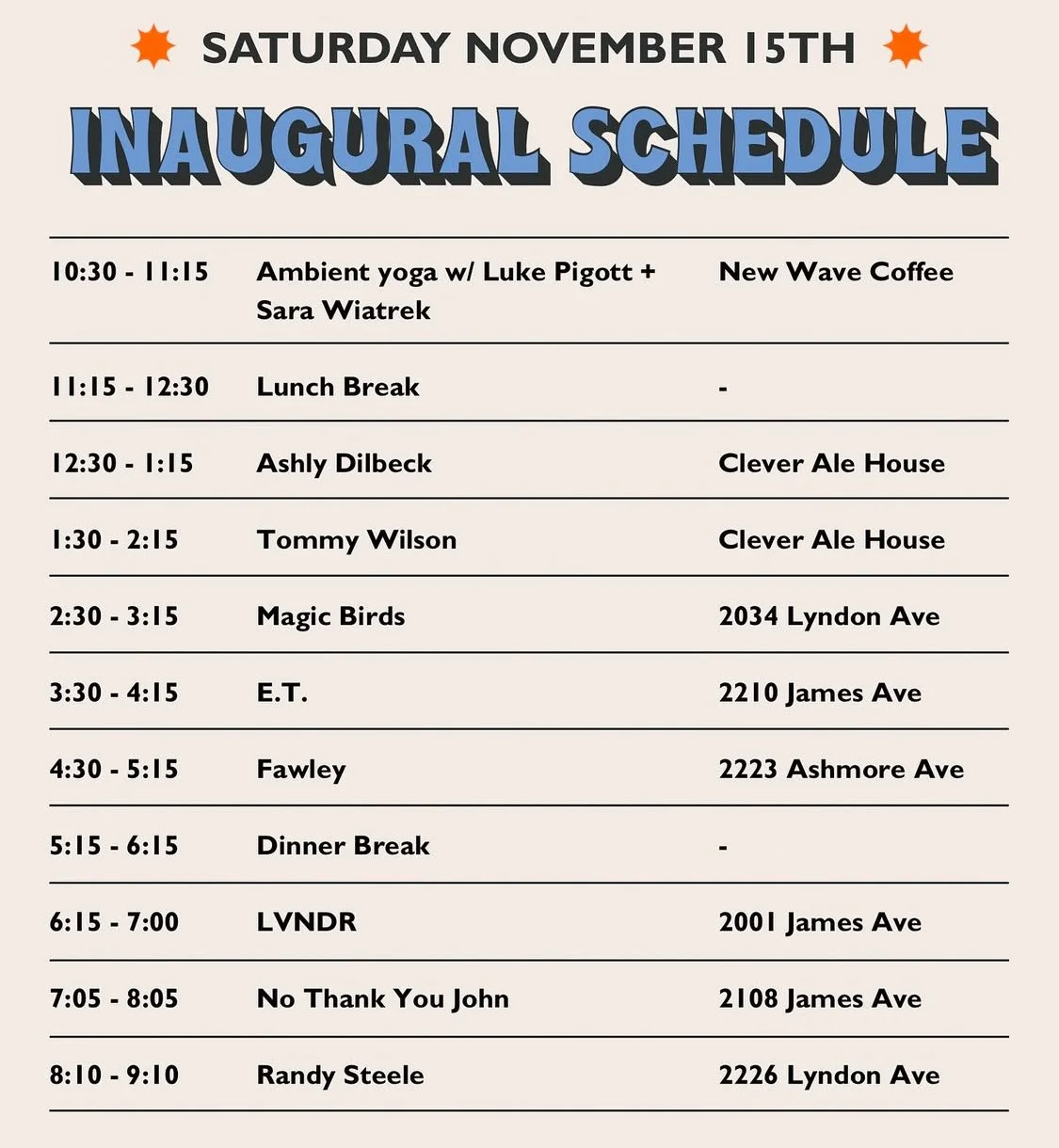 Schedule for the inaugural Red Bank Porchfest on Saturday, November 15th, including times, activities, and locations, with some events at Clever Ale House and addresses like Lyndon Ave and James Ave.