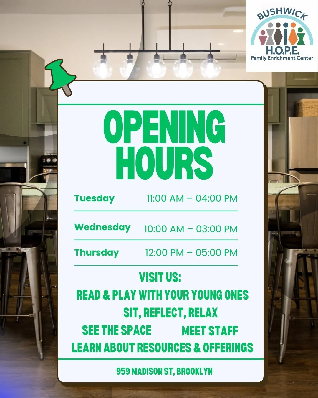 🕒 We&rsquo;re Open &amp; Ready for You! 

Our doors are open to serve our families and community 💙

📍Operating Hours: 
🗓️ Tuesday, 11:00am-4:00pm 
🗓️ Wednesday, 10:00am-3:00pm
🗓️ Thursday, 12:00pm-5:00pm

Stop by, connect and access the support