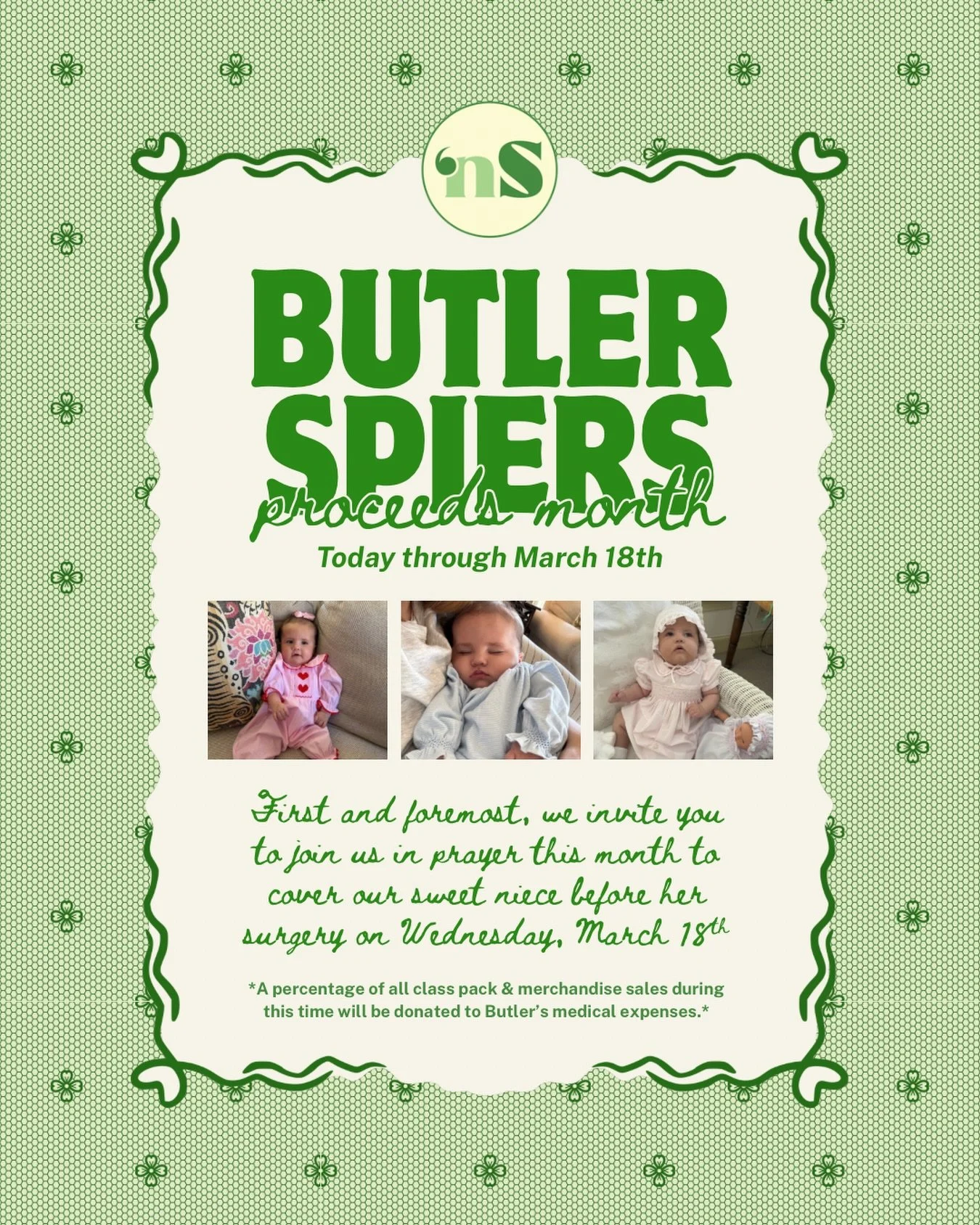 Please join us in prayer this month over our strong angel &amp; precious niece, Butler 💚 

We are confident God is writing a story for His glory through her life. All sales from purchase of class packs and merchandise until March 18th will be donate