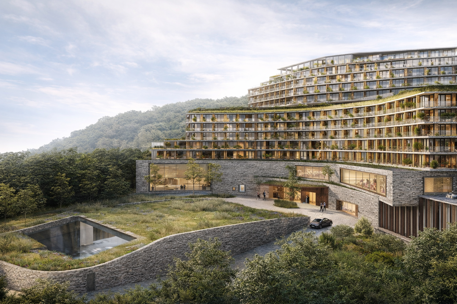 Modern multi-story residential building with curved architecture surrounded by trees and greenery.