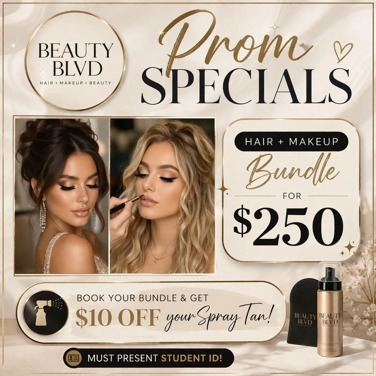 Prom girls&hellip; this is your sign 💅✨

Get FULLY glammed for your big night 😍

✨ Hair + Makeup Bundle &mdash; $250
✨ $10 OFF spray tan when you book

🎓 Student ID required

Spots are LIMITED 👀
Book now before we&rsquo;re fully booked 💋. #Moken