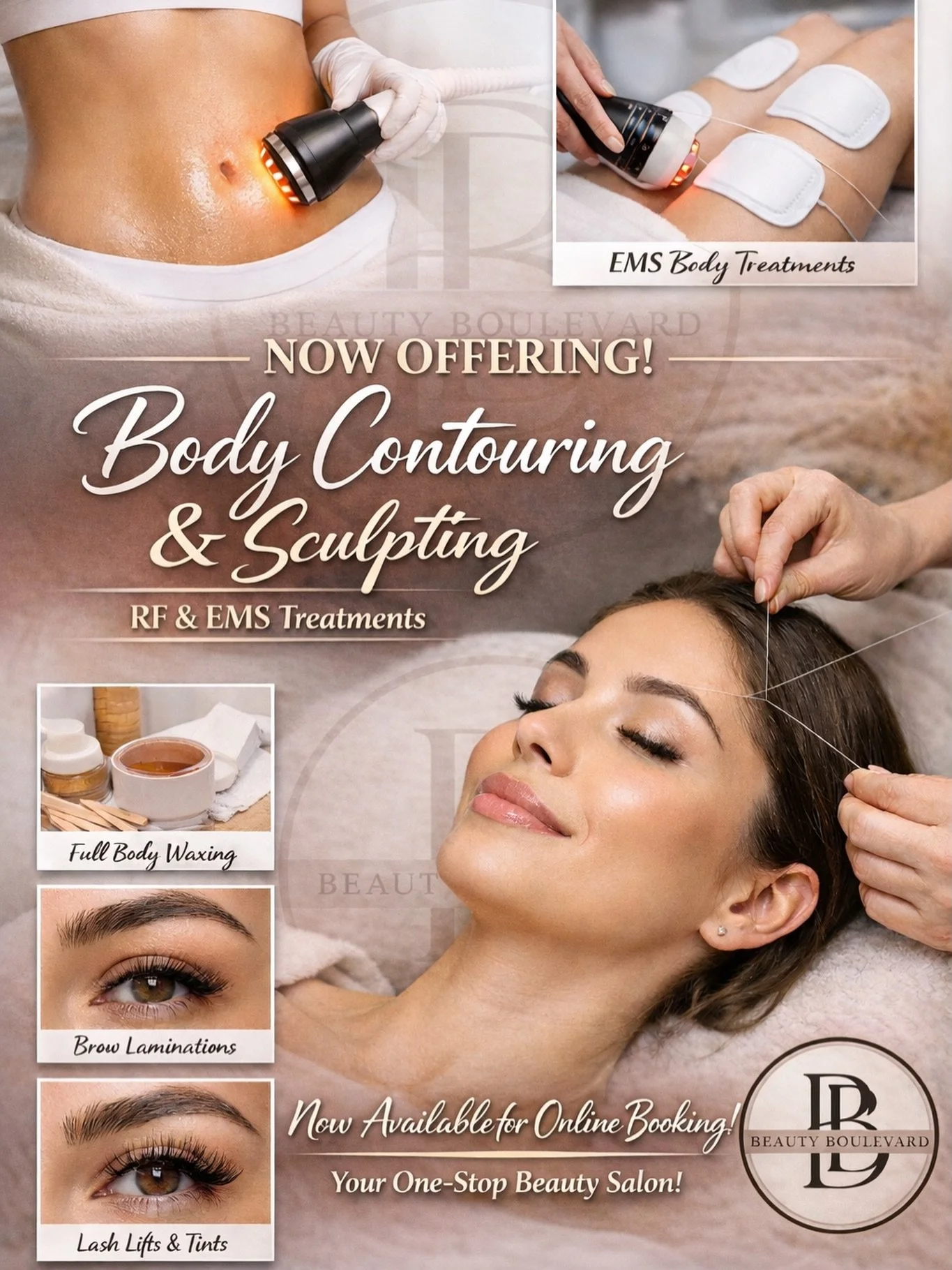 Your one stop glow-up just leveled UP ✨
Now offering body contouring, sculpting, + all your beauty essentials under ONE roof. 

From snatched bodies to flawless brows &amp; lashes&hellip; we did NOT come to play 💅 Now available to book online! 

Boo