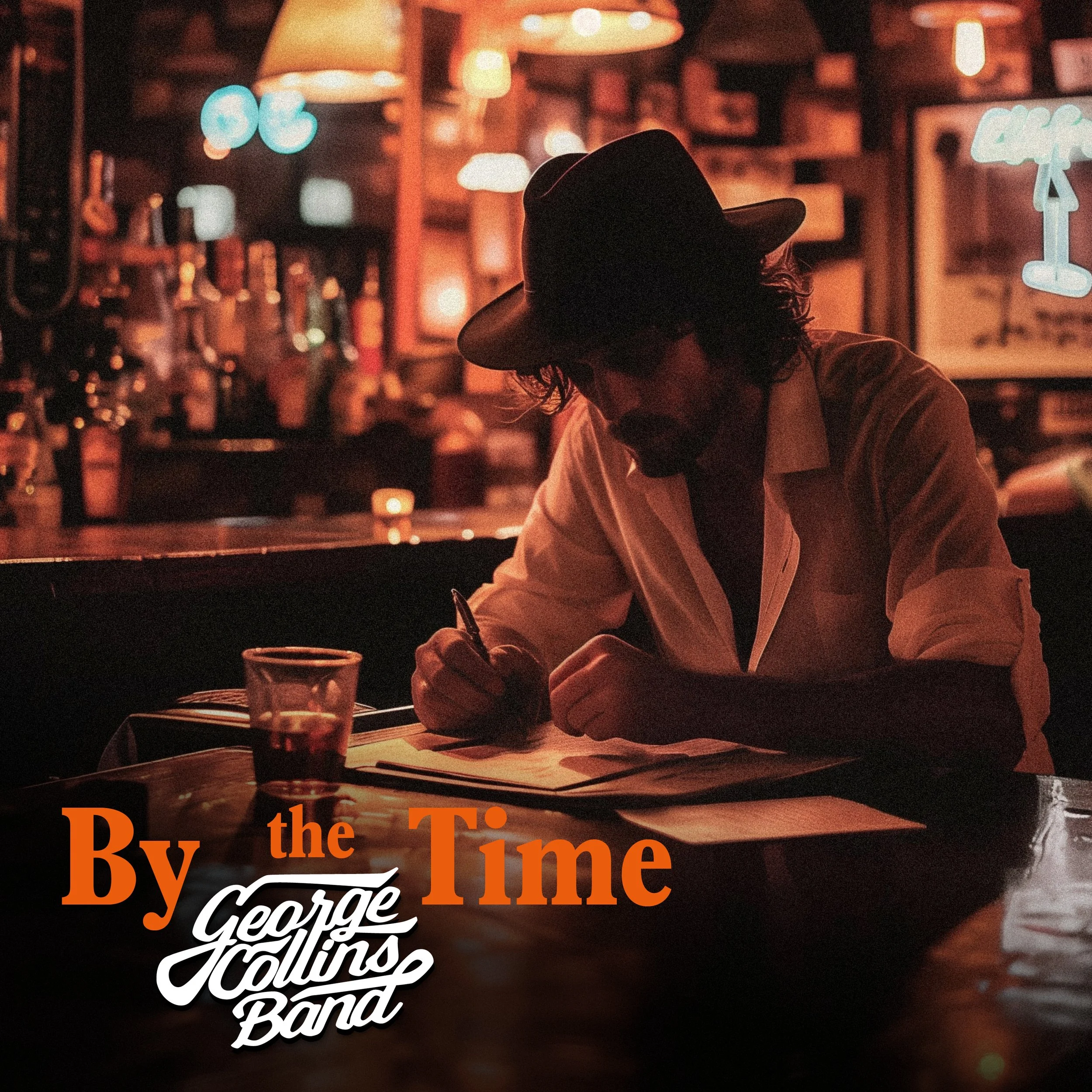 A person wearing a dark hat is sitting at a bar or restaurant, with a blurry background of warm lights and shelves. Part of a magazine or book titled 'By the Time' is visible at the bottom left of the image.