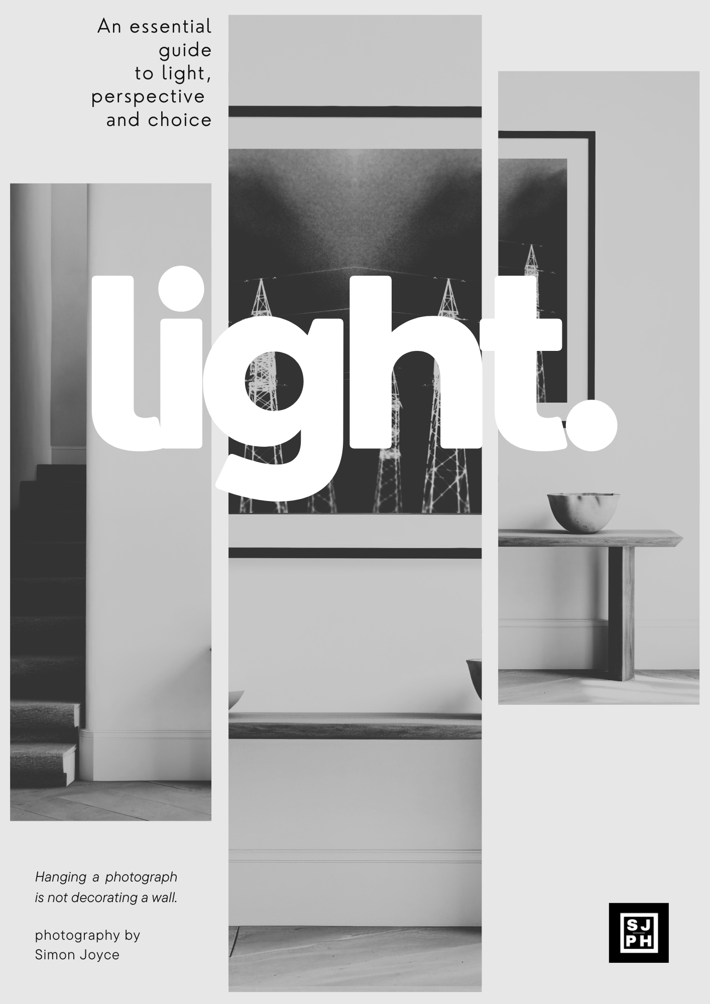 Black and white architectural photograph of a minimalist indoor space with a staircase, a table with a bowl, and a wall with a large mounted photograph of power lines and towers, overlaid with text and a logo.