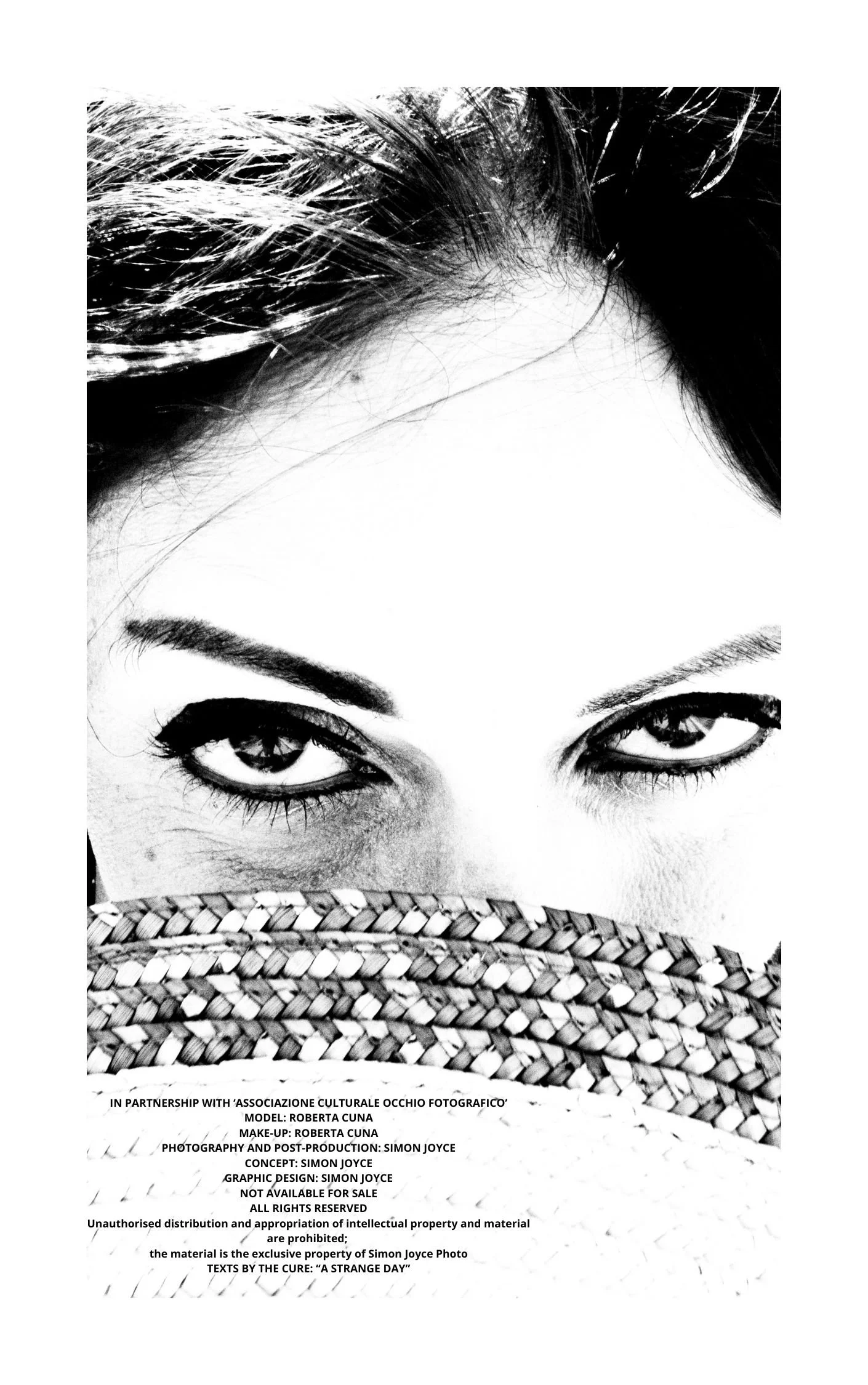 Black and white photo of a woman's face with intense eyes, wearing a woven hat or scarf covering part of her face, with text about a photography project underneath.