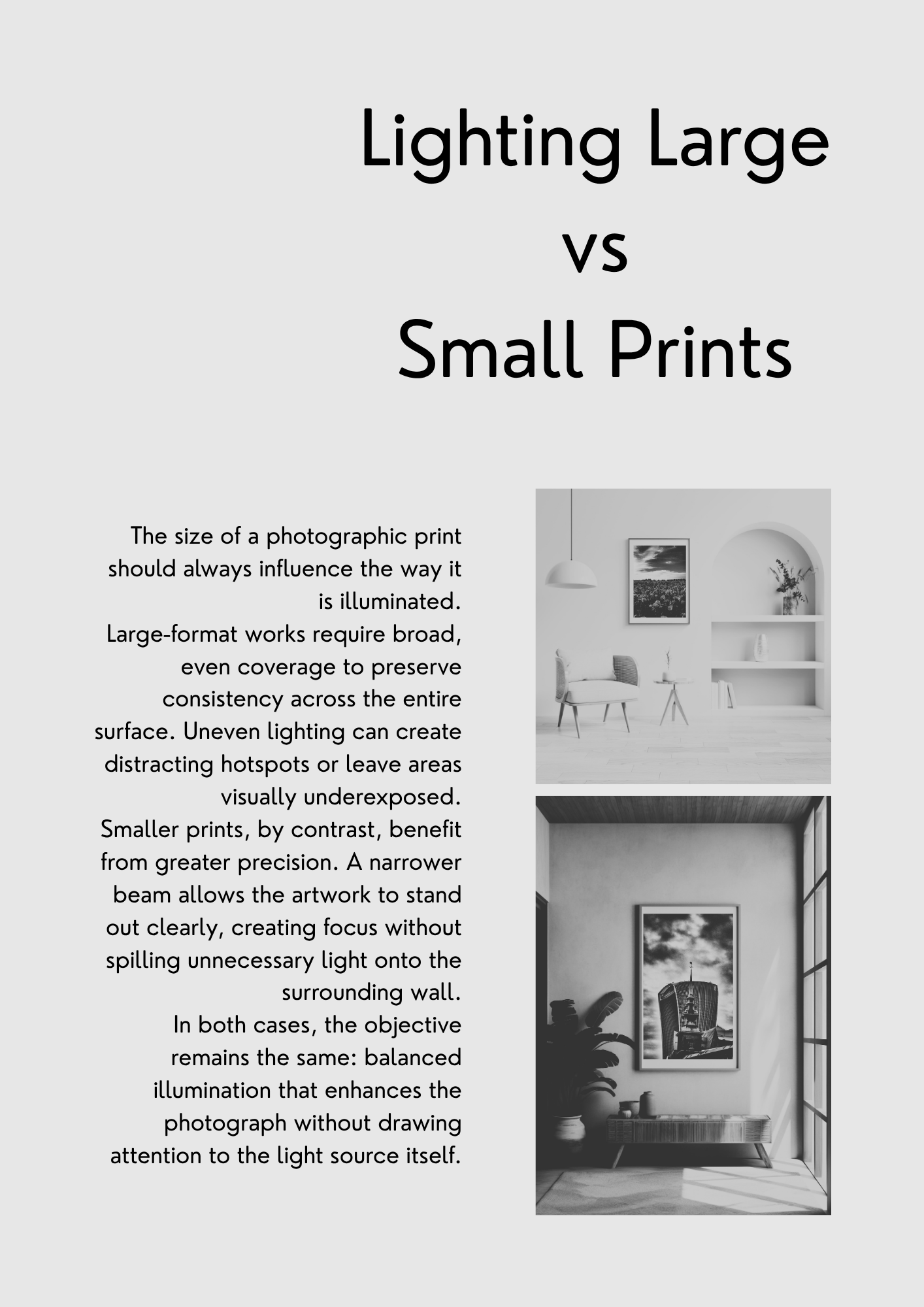 The image shows a page from a magazine or booklet with the title 'Lighting Large vs Small Prints'. It includes text discussing photographic print size and lighting, alongside a photograph of an indoor space with framed artwork, a hanging pendant light, a potted plant, a small table, and a window.