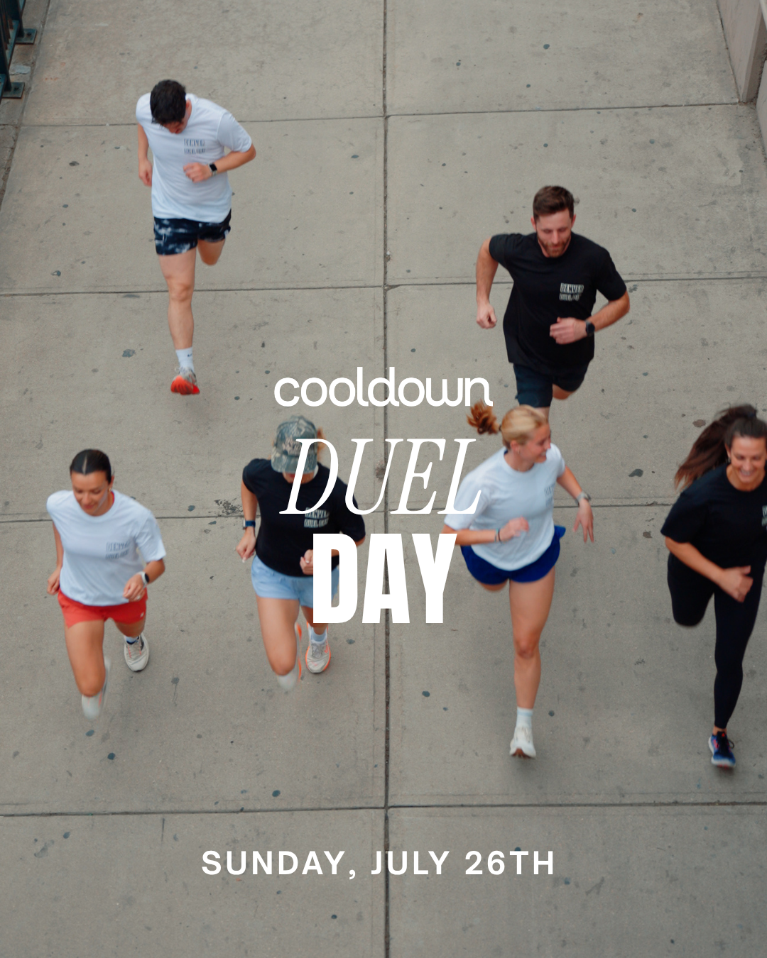 A group of people jogging on a concrete sidewalk with the text 'cooldown DUEL DAY, SUNDAY, JULY 26TH' overlaid.