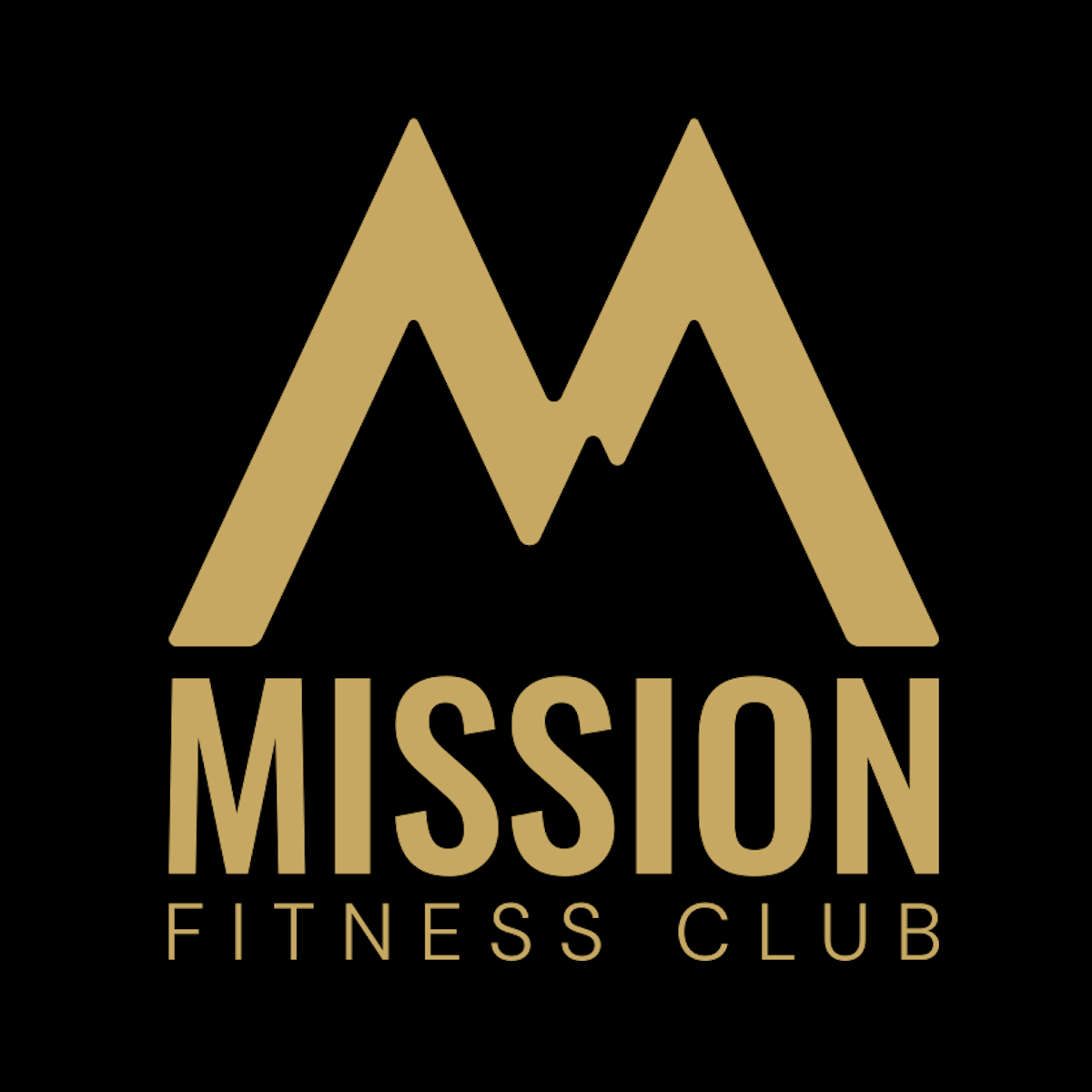 Gold and black logo of Mission Fitness Club featuring mountain peaks and stylized letter M, with the words 'MISSION FITNESS CLUB' underneath.
