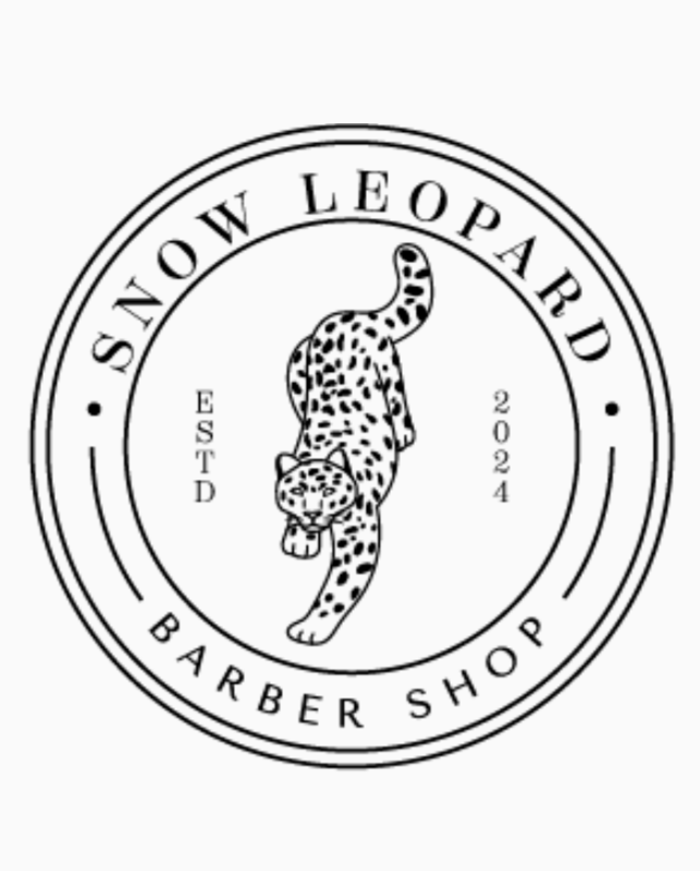 Logo of Snow Leopard Barber Shop with a black and white drawing of a snow leopard walking on all fours, encircled by the shop's name and founding date (2024), on a white background.