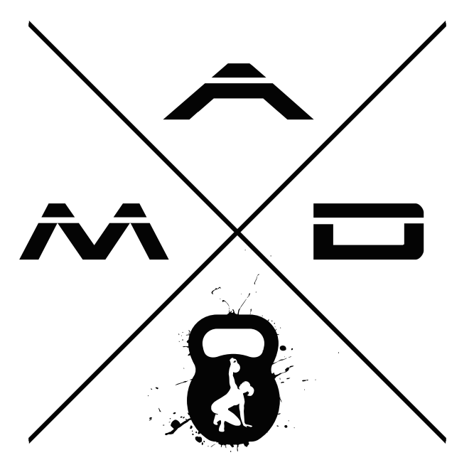 A black and white graphic combining gym-related icons and stylized letters, including a kettlebell with a person lifting it, separated by diagonal lines.