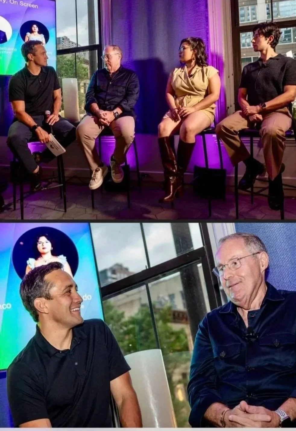 Panel discussion or interview session with four people seated on high chairs in a room with large windows and colorful lighting, with a branding poster featuring a woman displayed in the background.