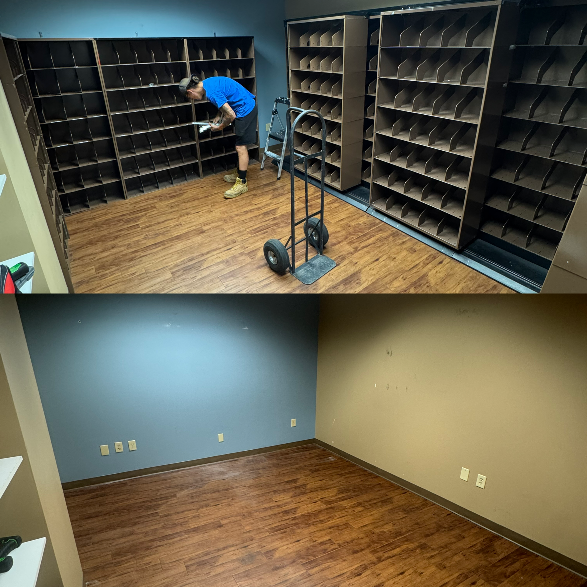 Two images showing before and after cleaning and organizing a commercial space. The first image shows a worker removing  file cabinets in an office. The second image shows the same room after cleaning and removed all unwanted cabinets. 