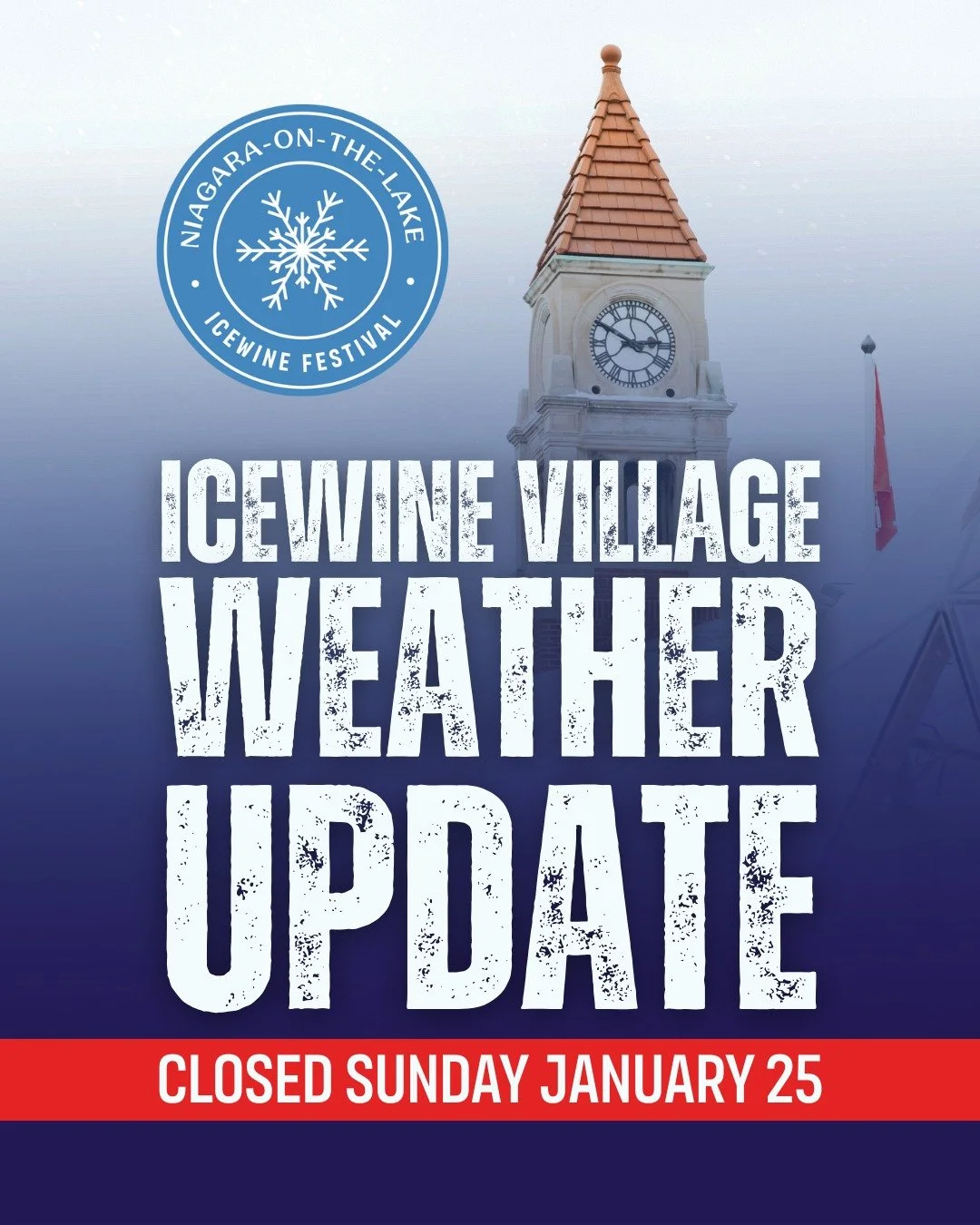 ❄️SUNDAY WEATHER UPDATE ❄️

With heavy snowfall expected tomorrow, we&rsquo;ve made the decision to close Icewine Village on Sunday, January 25 to prioritize the safety of our guests, volunteers, and staff.

Tonight&rsquo;s programming, including Ice