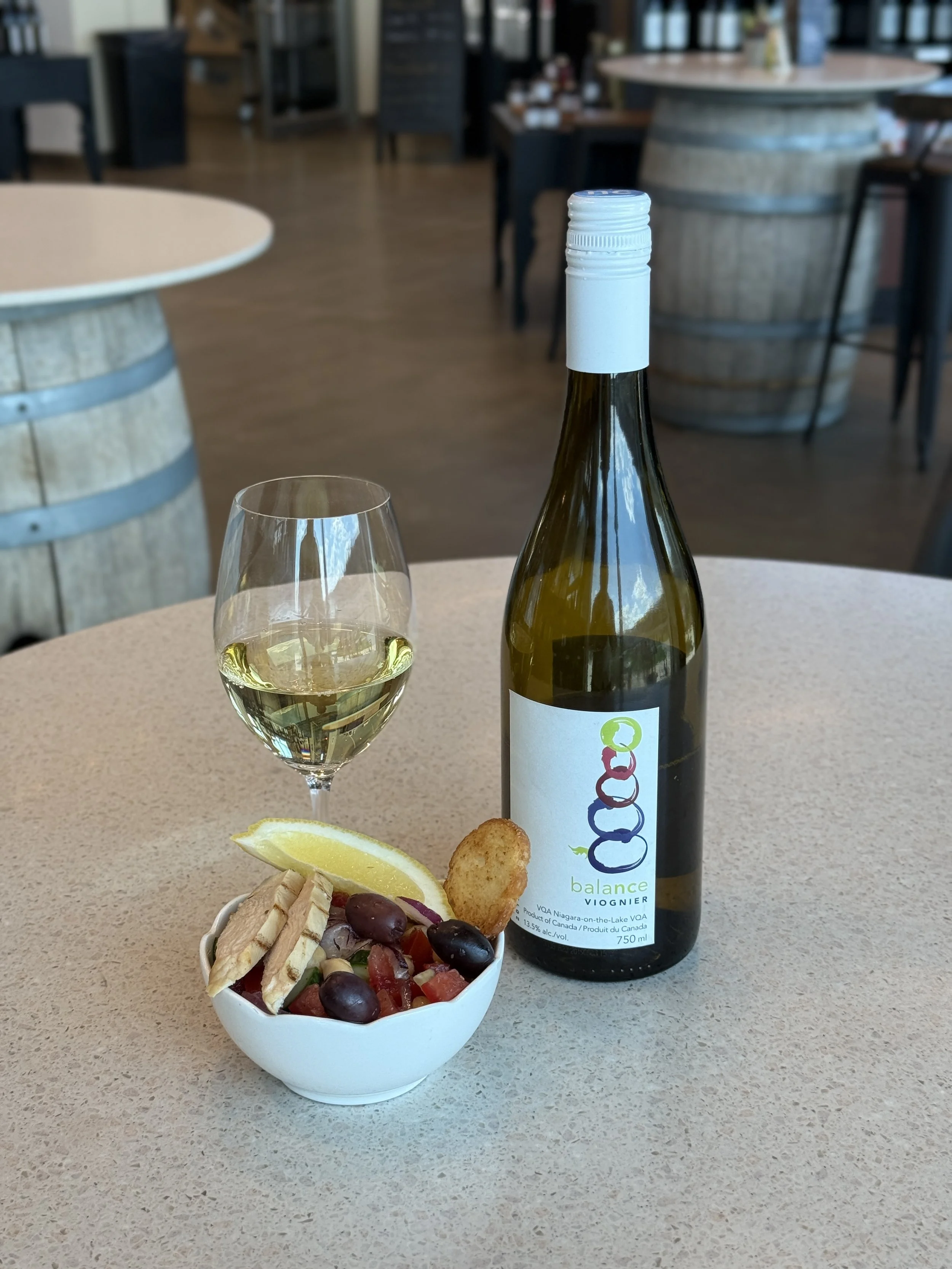 Lemon and Herb Grilled (and Chilled) Chicken Salad with a glass of white wine from Niagara College