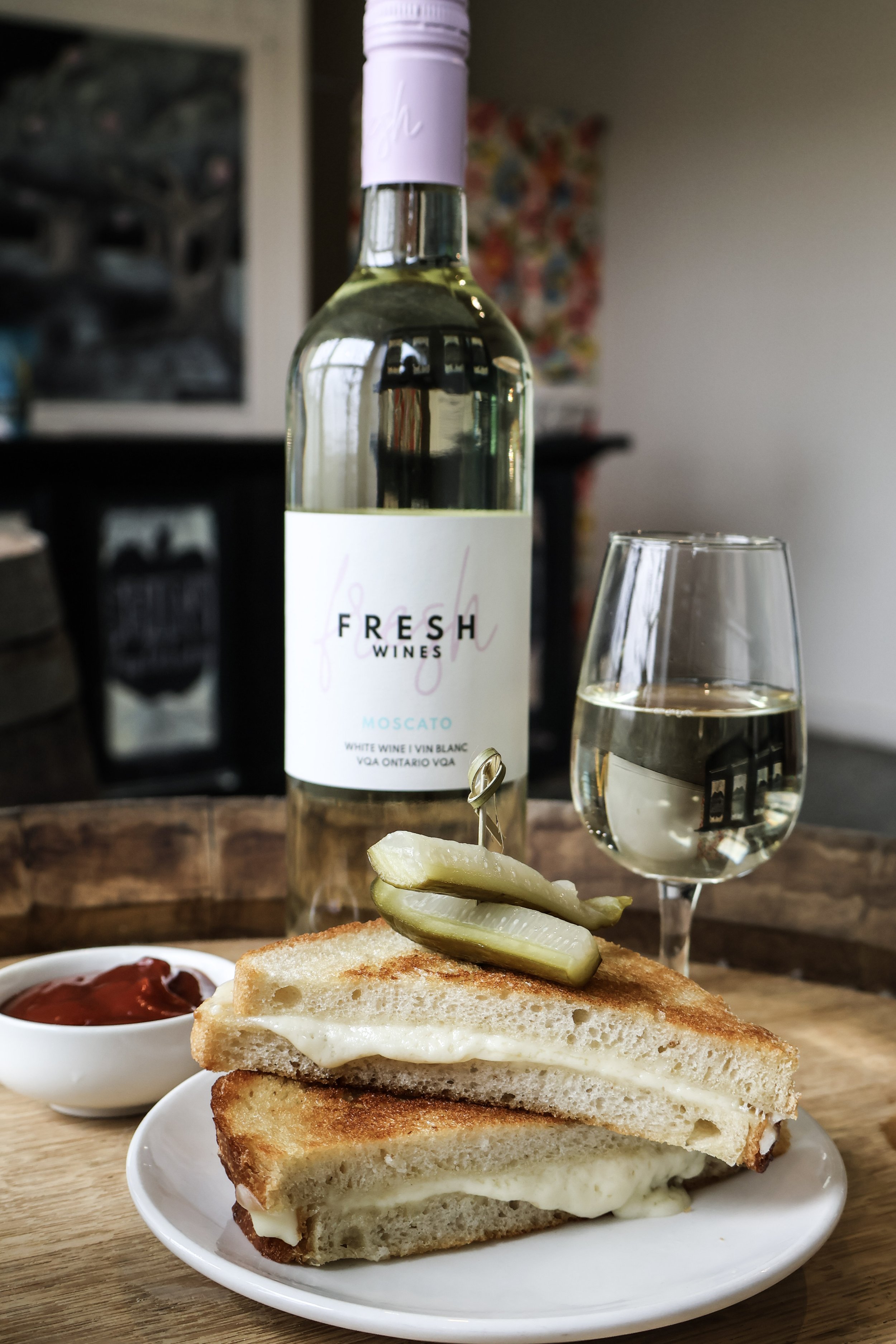 Grilled cheese with glass of FRESH Moscato