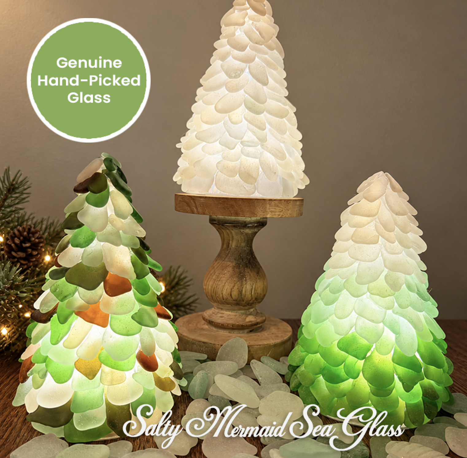 7" Island Sea Glass Light-Up Trees (Genuine Glass)