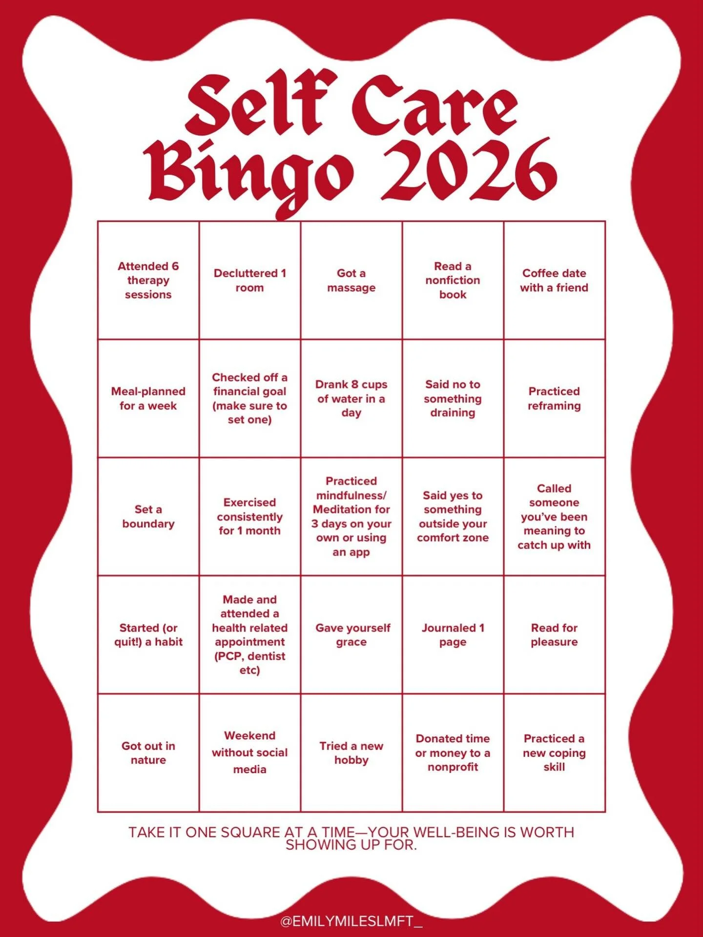2026 Self-Care &amp; Wellness Bingo! 

Taking care of yourself doesn&rsquo;t have to be overwhelming. Sometimes it&rsquo;s the small, intentional moments that make the biggest difference. I created this gentle bingo card to help you check in, slow do