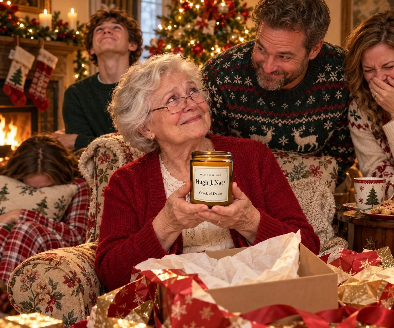 An older woman smiling at a Crack of Dawn candle while her family laughs around her on Christmas morning.