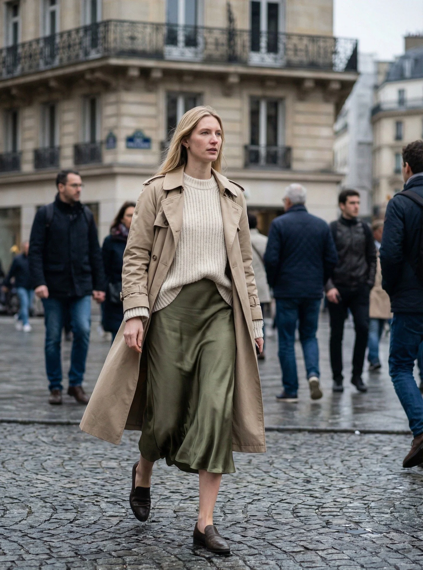 Effortless Parisian &ndash; Trench &amp; Satin Skirt

A classic trench layered over a soft knit and fluid satin skirt&mdash;movement, texture, and understated elegance in one look. Finished with simple loafers for a grounded, everyday feel.

Relaxed,