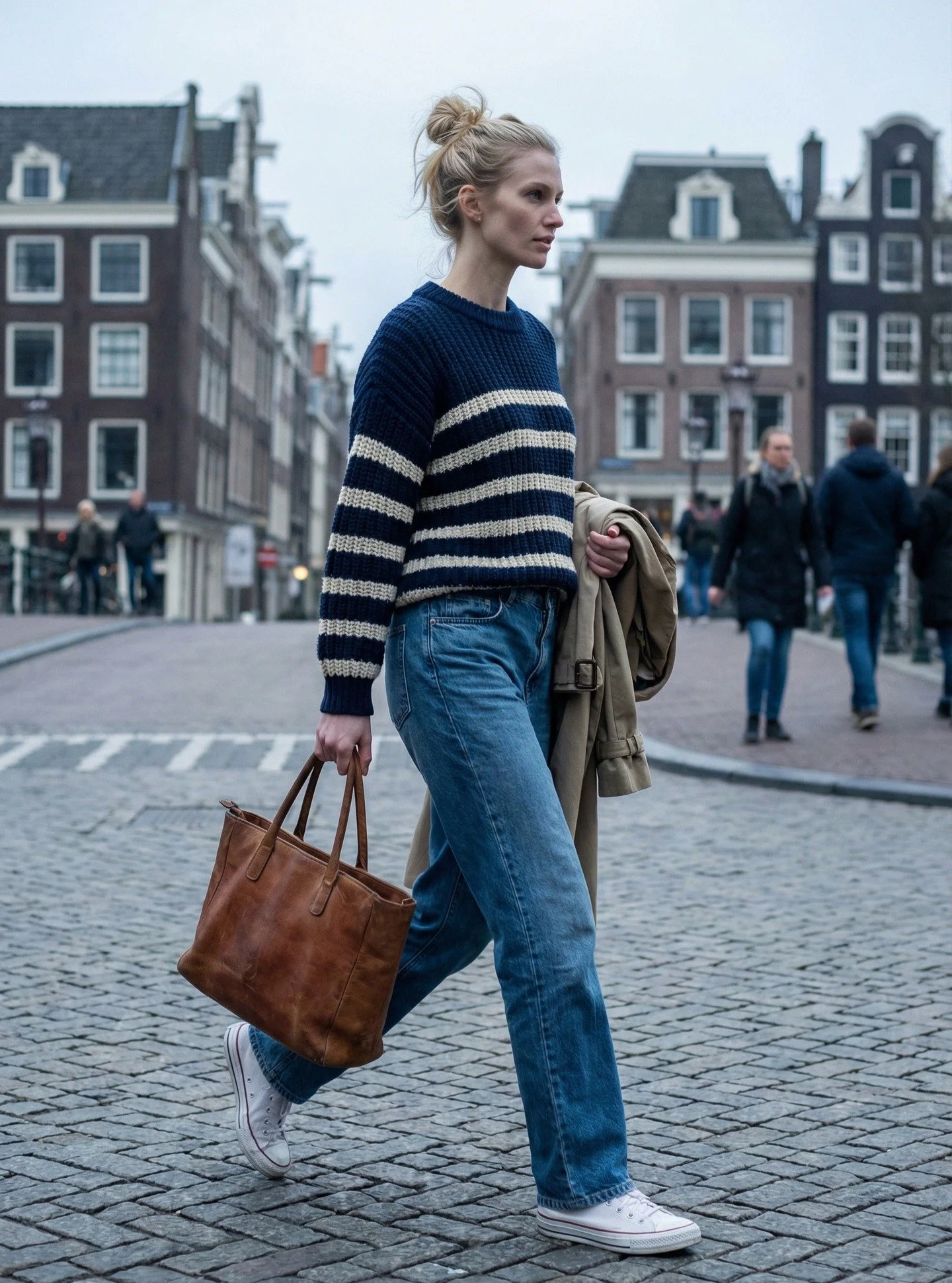 Casual European &ndash; Striped Knit &amp; Denim

A relaxed striped knit with classic straight-leg denim&mdash;easy, timeless, and effortlessly cool. Finished with canvas sneakers and a leather tote for that everyday city feel.

Simple, comfortable, 