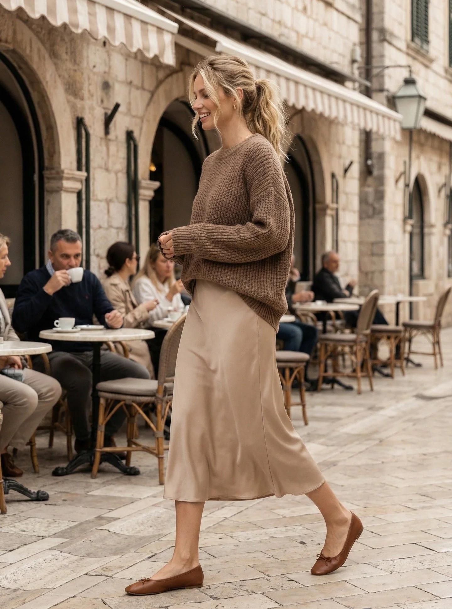 Soft Minimal &ndash; Knit &amp; Satin Skirt

A relaxed knit layered over a fluid satin midi&mdash;warm neutrals, soft textures, and effortless movement. Finished with classic ballet flats for that understated European feel.

Comfortable, feminine, an