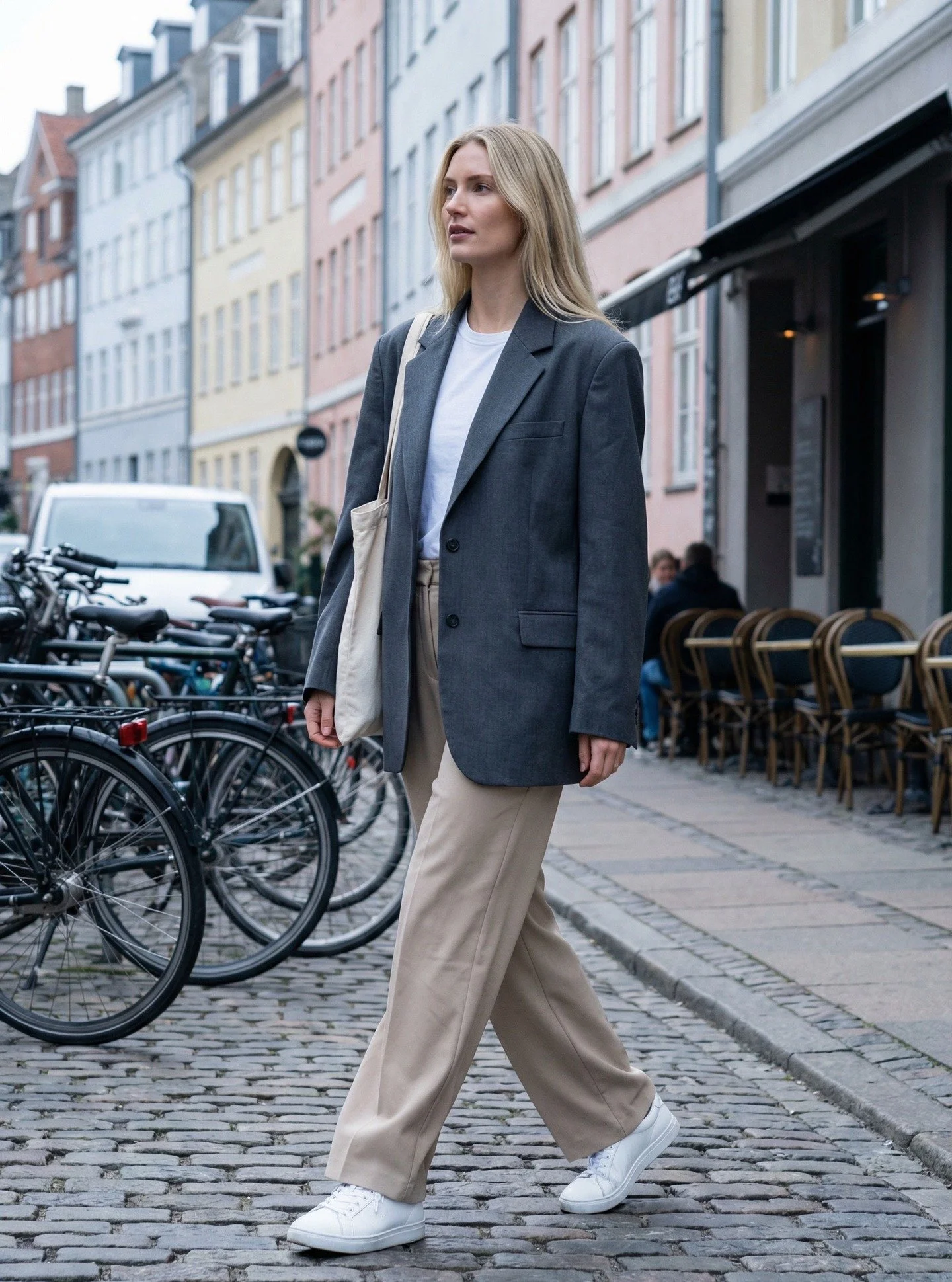Scandinavian Minimalism &ndash; Blazer &amp; Wide-Leg Trousers

An effortless blend of structure and softness&mdash;oversized charcoal blazer, relaxed beige trousers, and a simple white tee. Finished with clean sneakers and a canvas tote for that eve