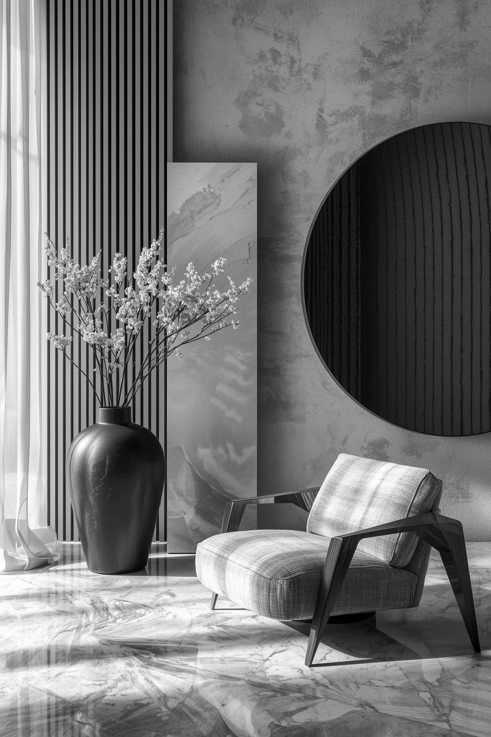 Looking up a modern spiral staircase with white and black walls, glass ceiling, and tiled floor.
