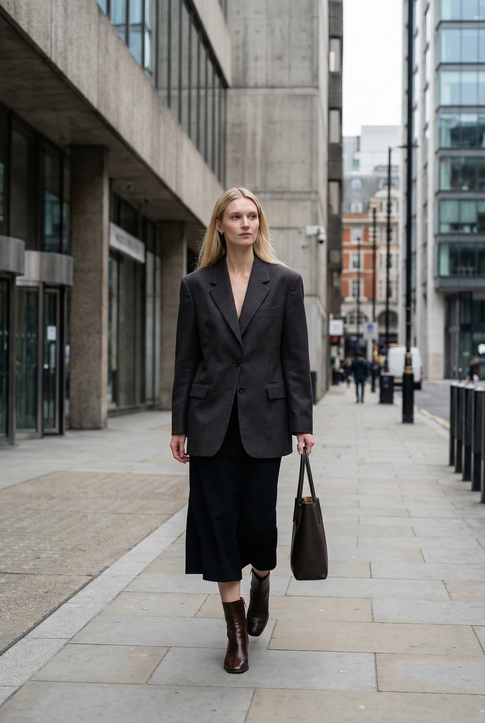 A woman walking on a city sidewalk wearing a dark blazer, long dark skirt, and brown ankle boots, carrying a brown handbag.