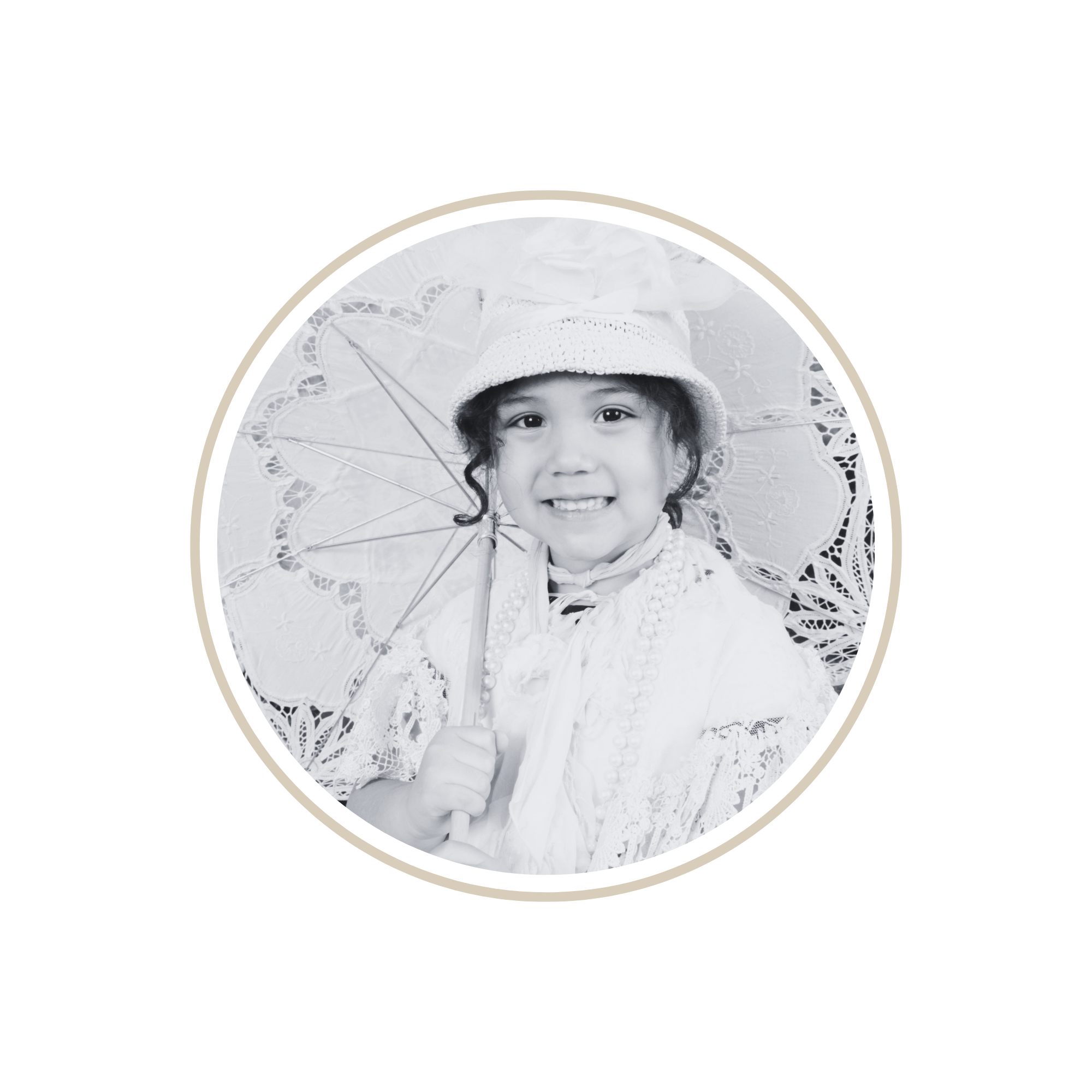 Child dressed in vintage-style clothing holding a lace parasol and wearing a hat, smiling at the camera.